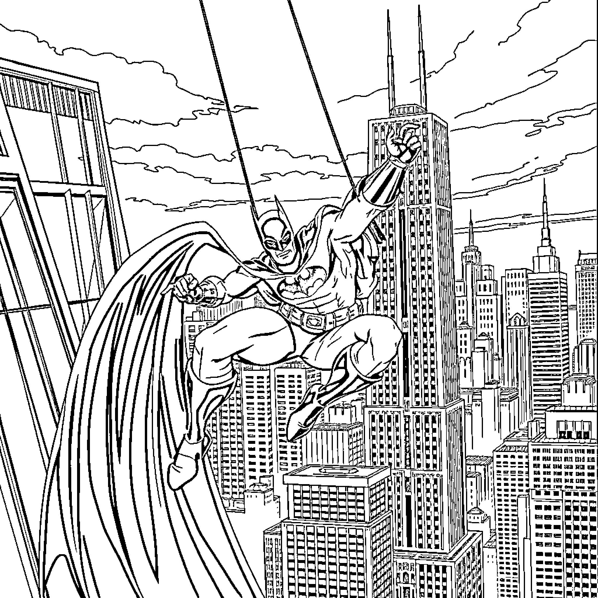 Batman heroically soaring over the city skyline Coloring Page (free black-and-white line drawing printable PDF for all, from beginners to advanced learners, including children, teens, adults, and seniors)
