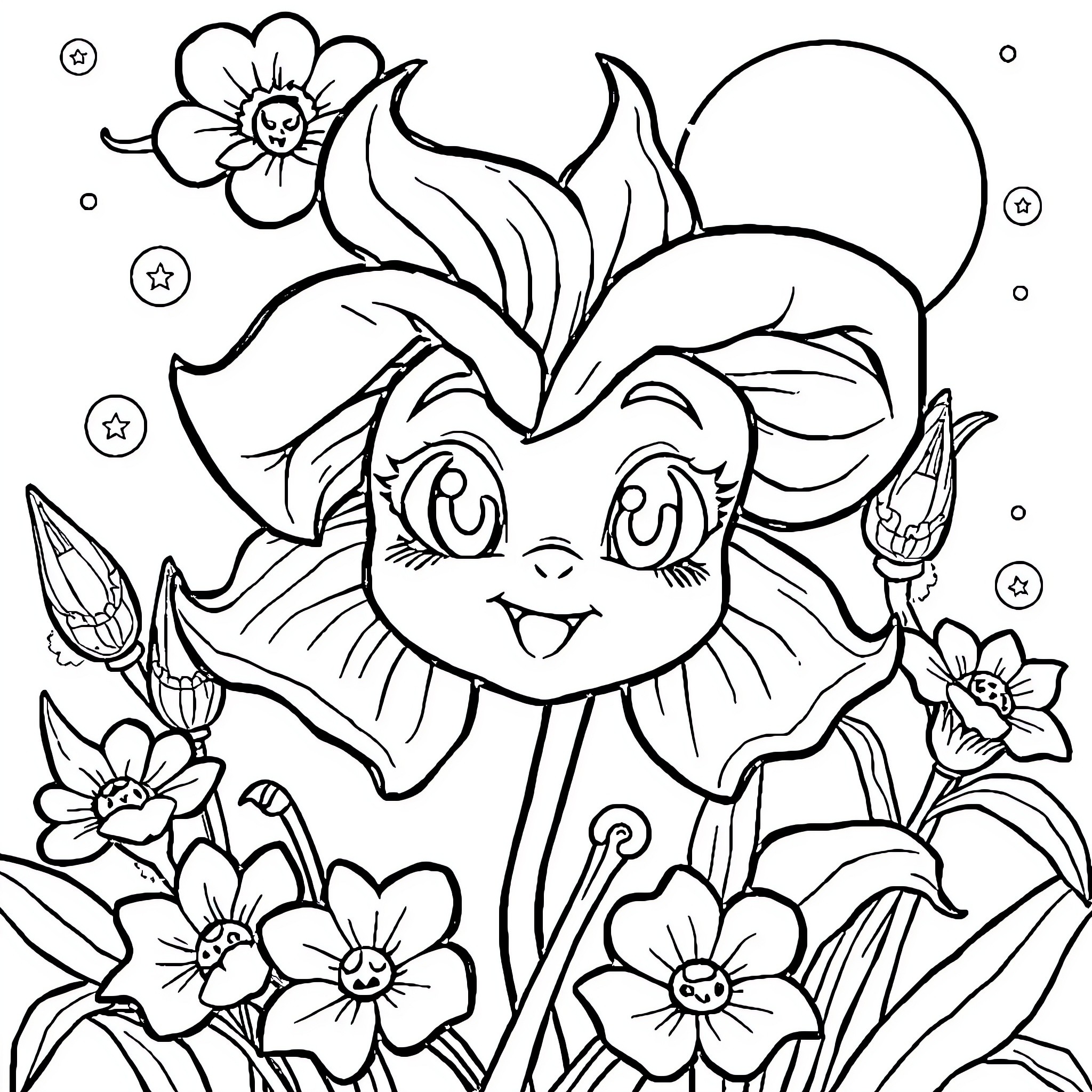 Irys playing cheerfully among blooming flowers Coloring Page (free black-and-white line drawing printable PDF for all, from beginners to advanced learners, including children, teens, adults, and seniors)