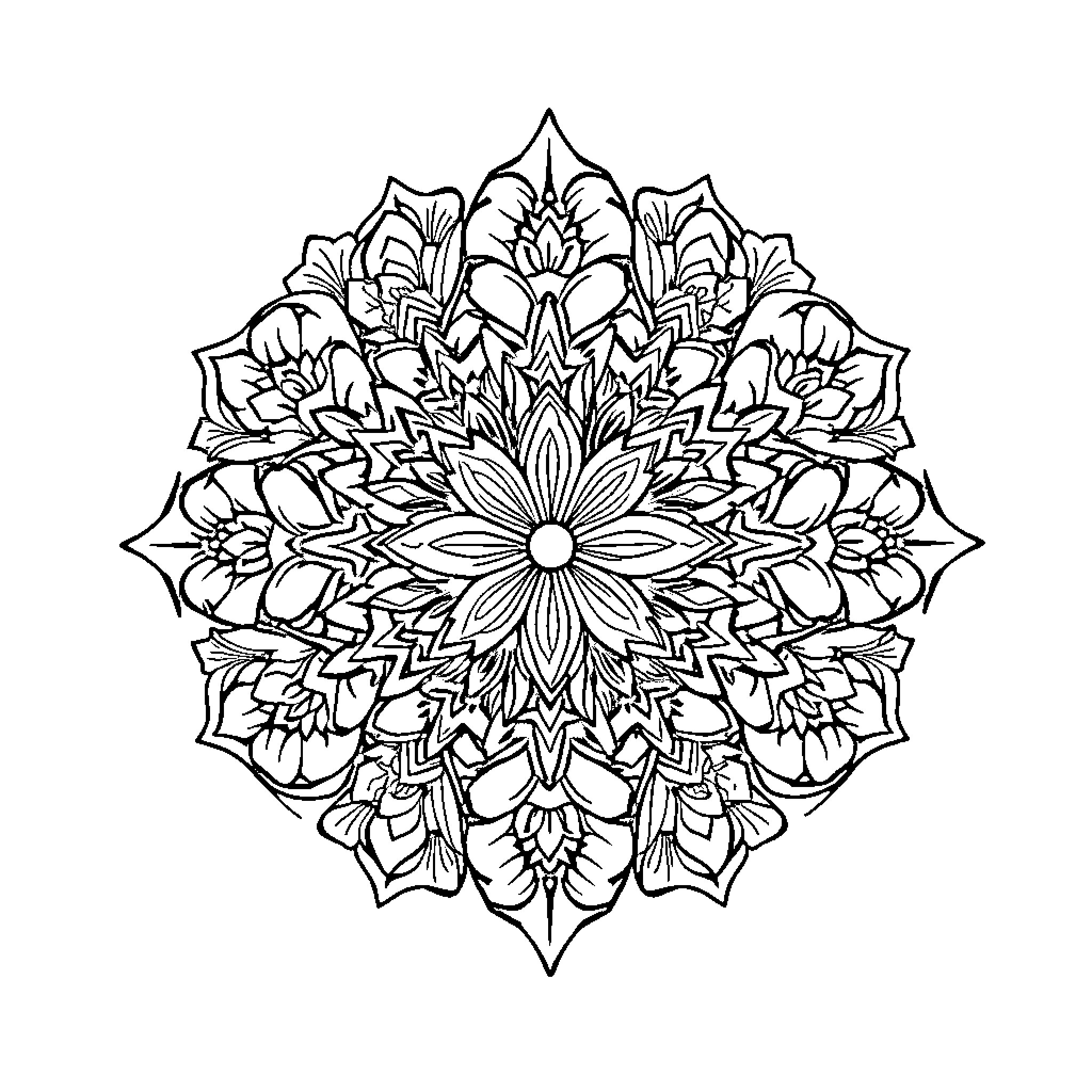 Floral mandala with intricate designs Coloring Page (free black-and-white line drawing printable PDF for all, from beginners to advanced learners, including children, teens, adults, and seniors)