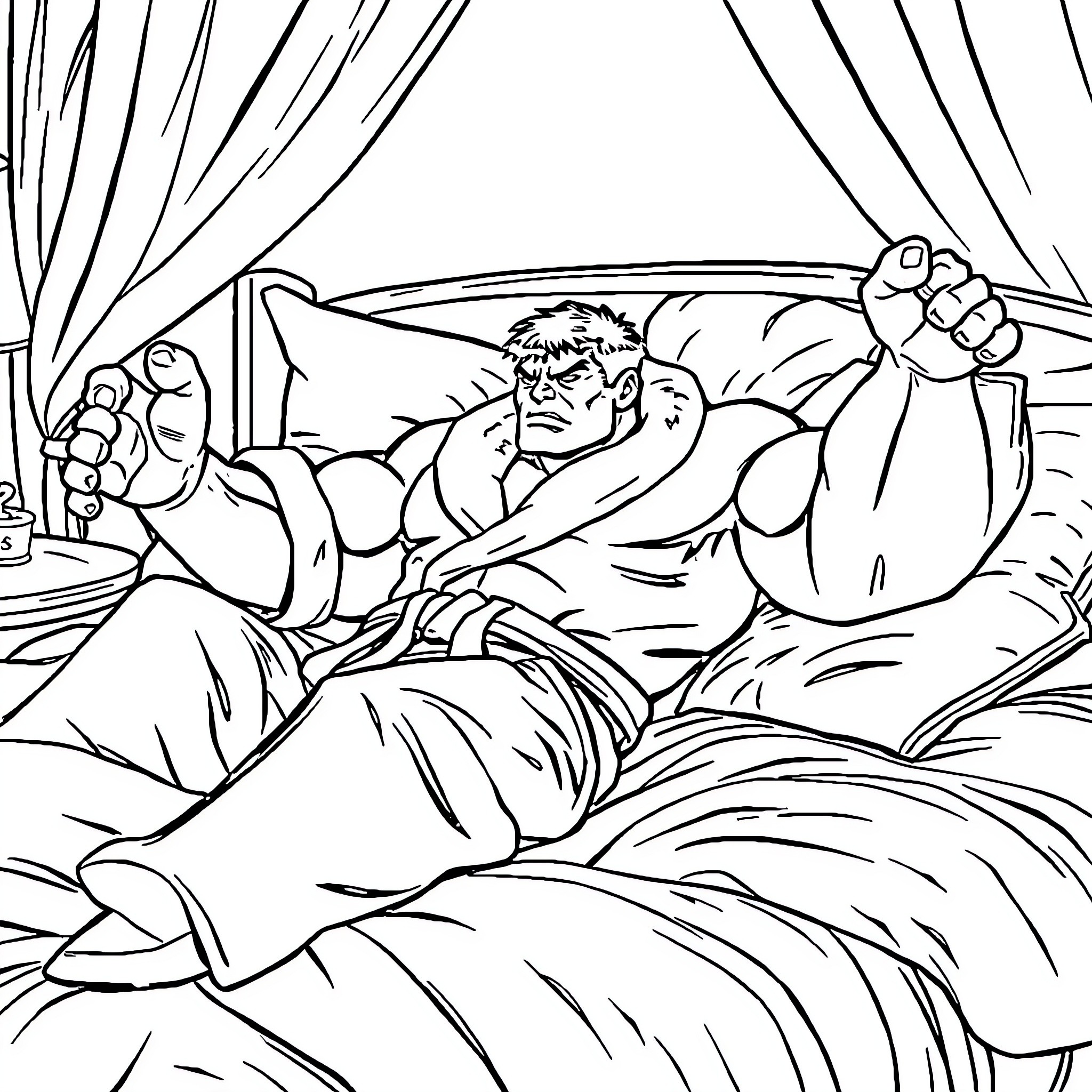 Hulk Resting Peacefully on Bed Coloring Page (free black-and-white line drawing printable PDF for all, from beginners to advanced learners, including children, teens, adults, and seniors)