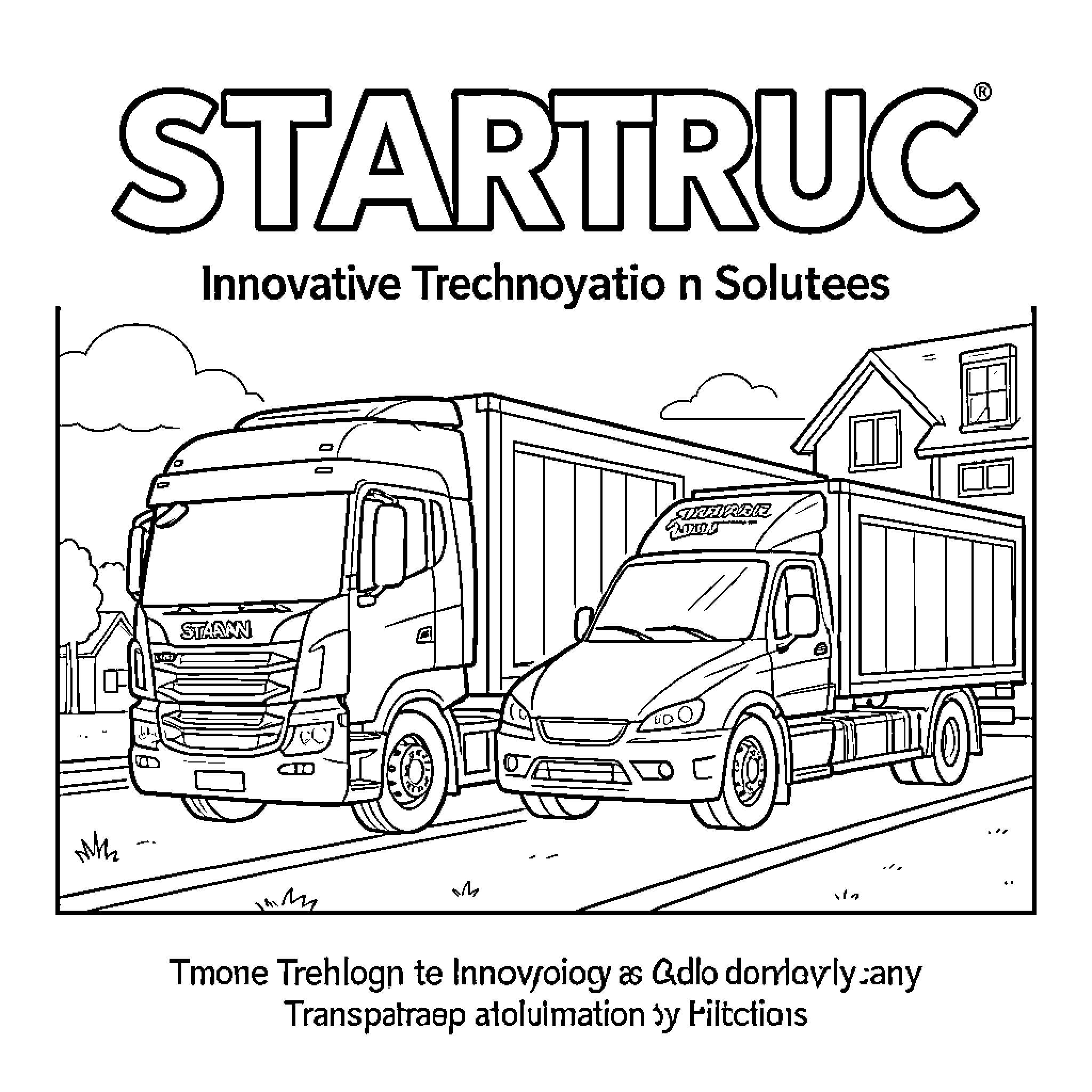 STARTRUC heavy trucks parked on a street Coloring Page (free black-and-white line drawing printable PDF for all, from beginners to advanced learners, including children, teens, adults, and seniors)