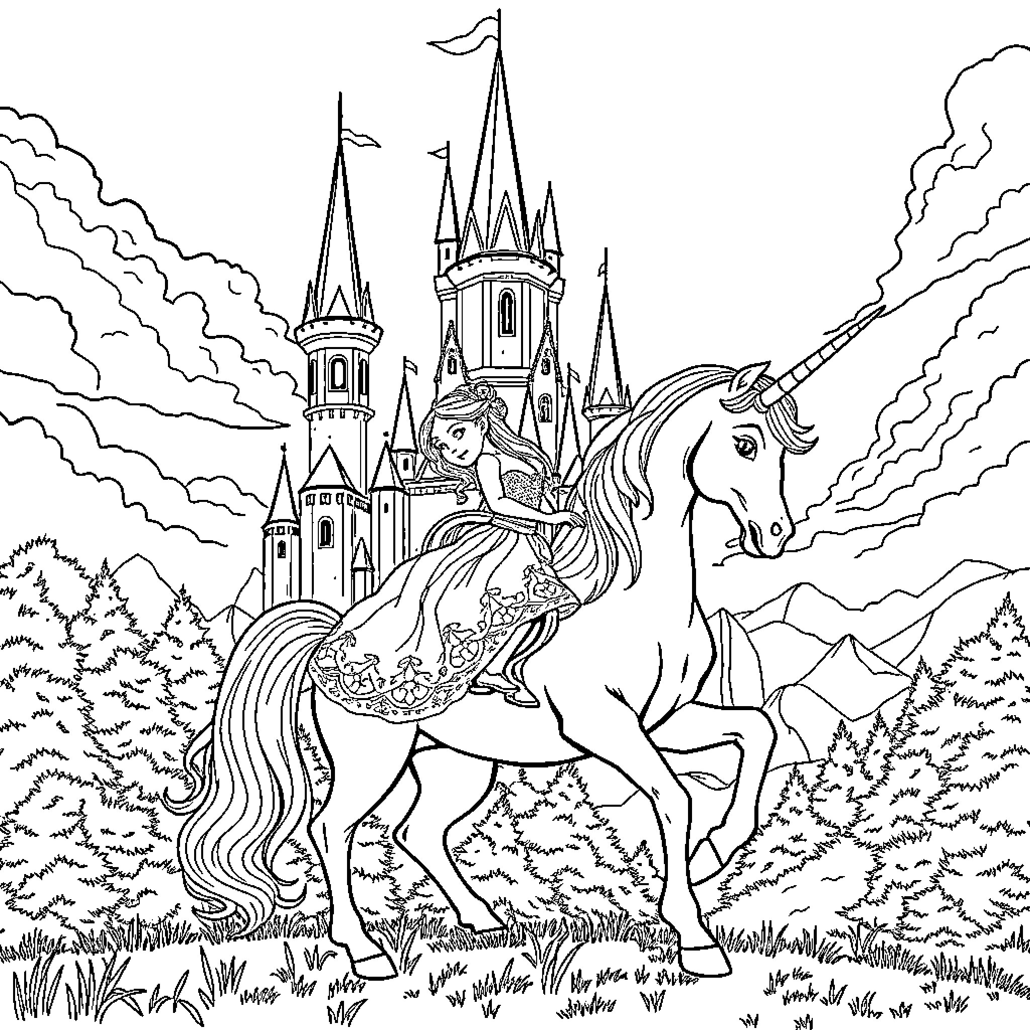 Princess riding a majestic unicorn in a fairy tale castle Coloring Page (free black-and-white line drawing printable PDF for all, from beginners to advanced learners, including children, teens, adults, and seniors)