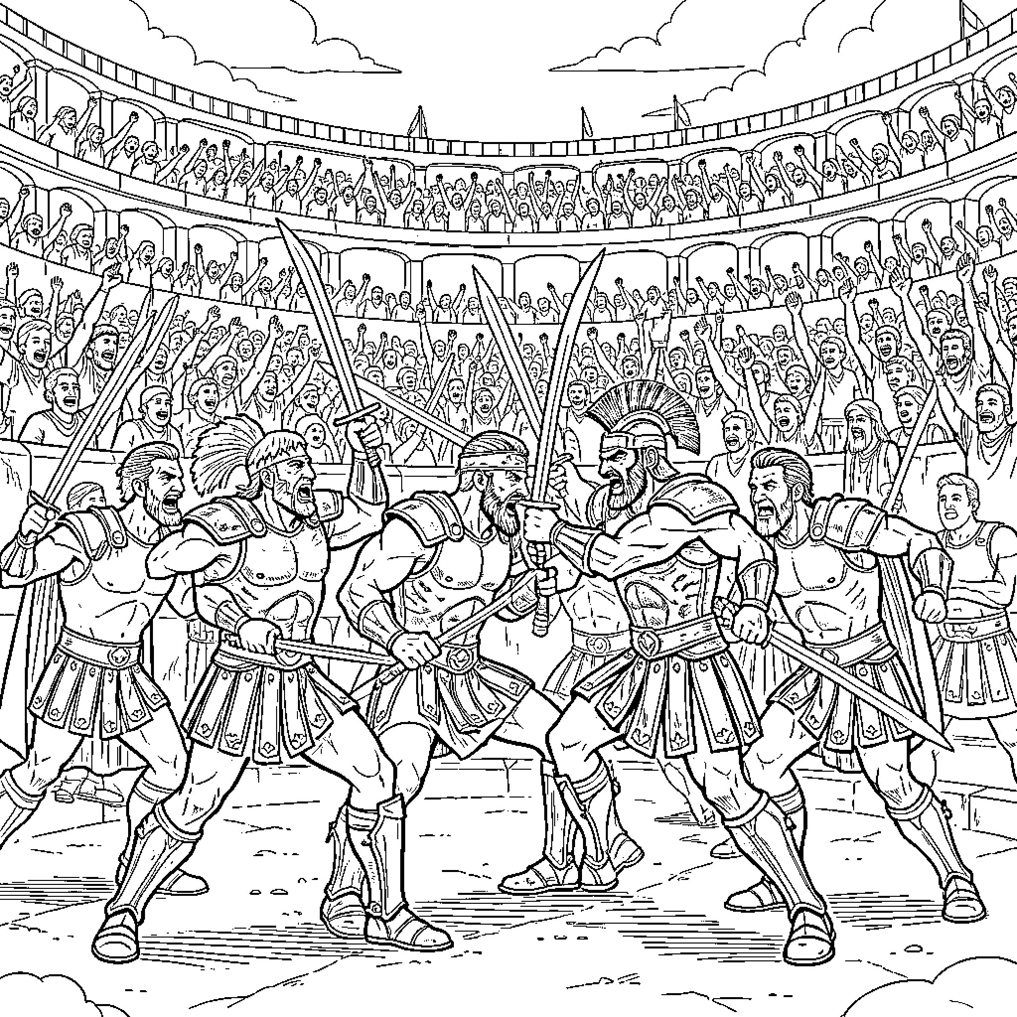 Gladiator combat in a Roman arena with spectators Coloring Page (free black-and-white line drawing printable PDF for all, from beginners to advanced learners, including children, teens, adults, and seniors)