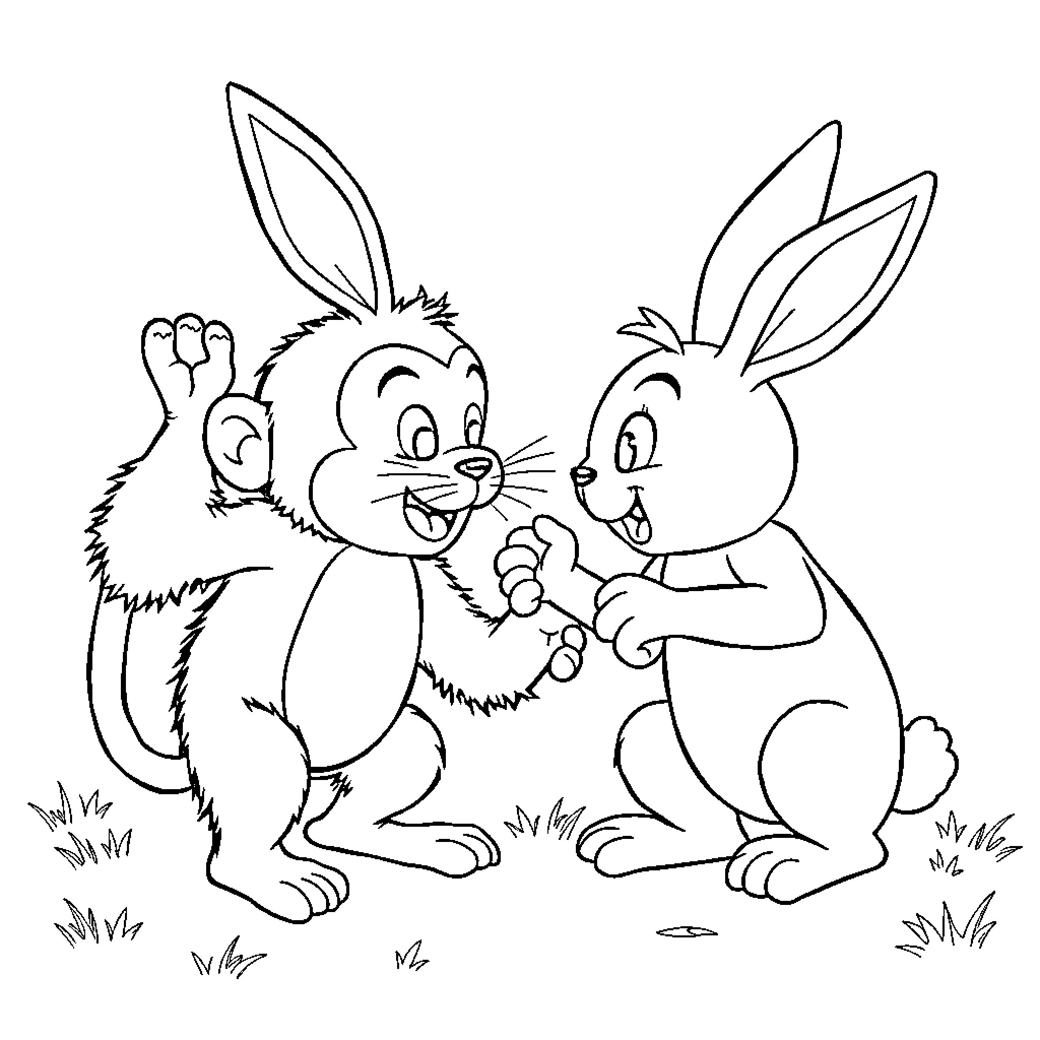 Bunny friends playing happily in field Coloring Page (free black-and-white line drawing printable PDF for all, from beginners to advanced learners, including children, teens, adults, and seniors)
