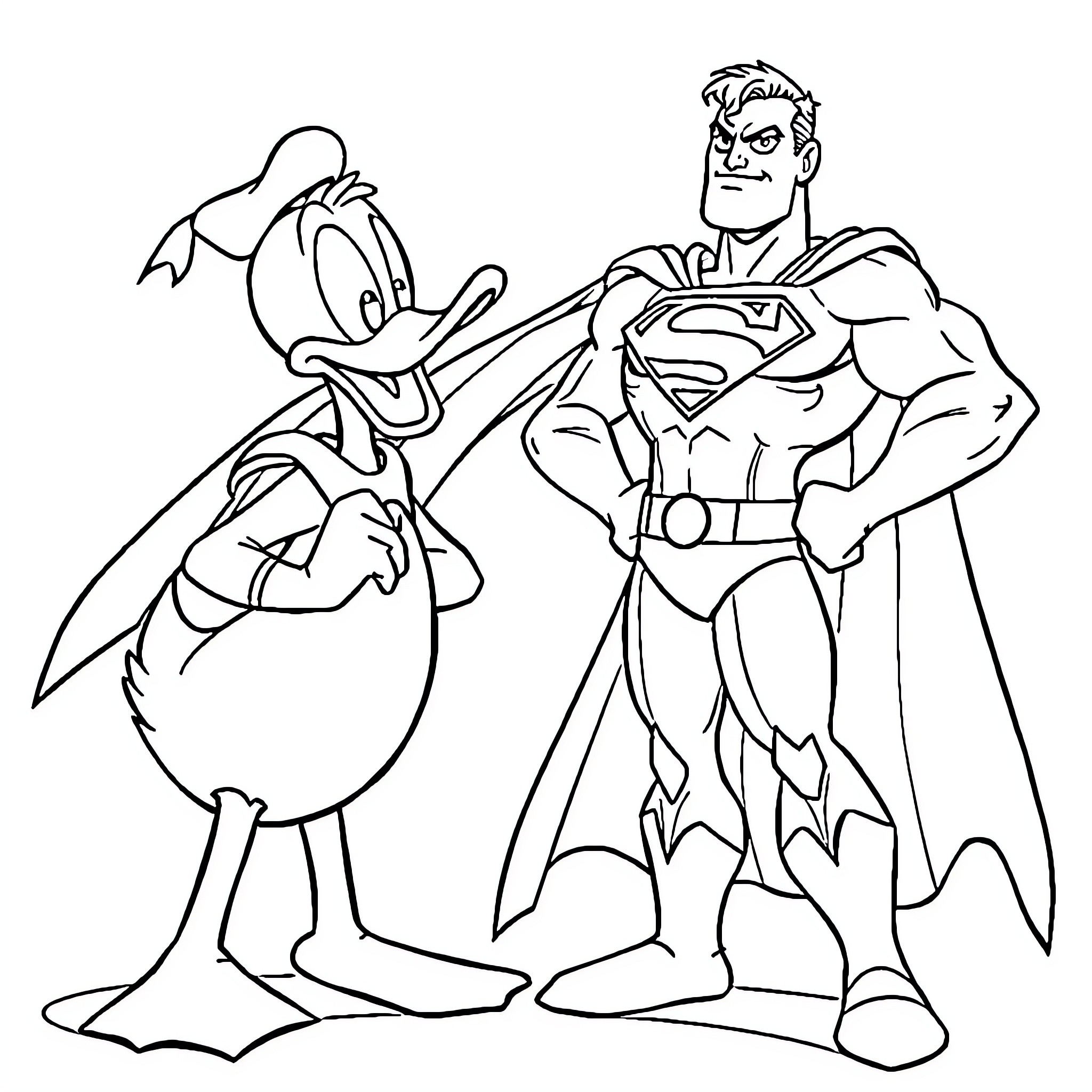Donald Duck and Superman in an adventurous pose Coloring Page (free black-and-white line drawing printable PDF for all, from beginners to advanced learners, including children, teens, adults, and seniors)