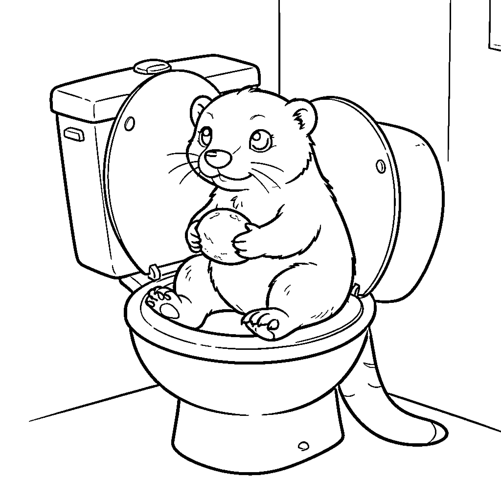 Otter relaxing on the toilet Coloring Page (free black-and-white line drawing printable PDF for all, from beginners to advanced learners, including children, teens, adults, and seniors)