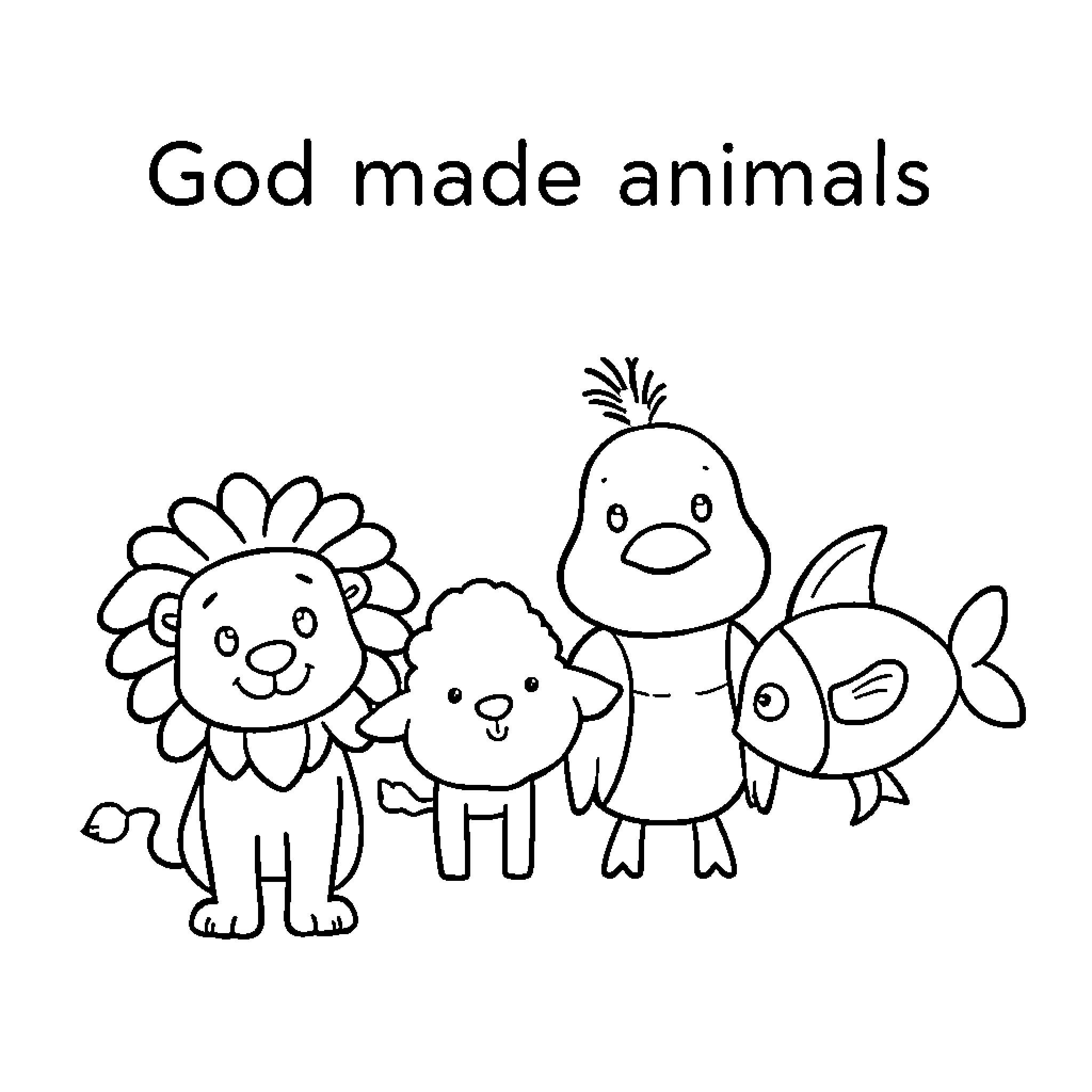 Animal friends celebrating God's creation Coloring Page (free black-and-white line drawing printable PDF for all, from beginners to advanced learners, including children, teens, adults, and seniors)