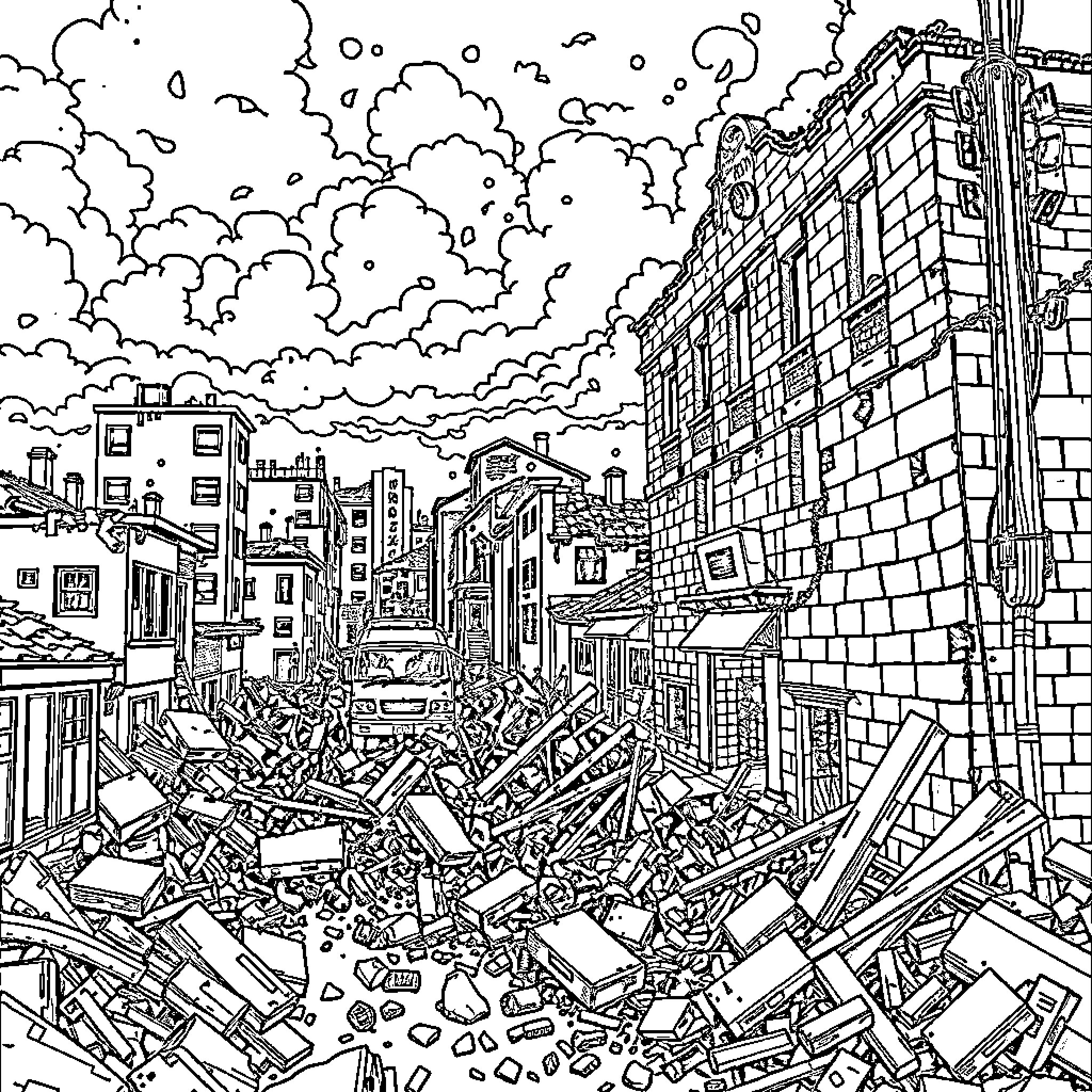 Hiroshima after the devastation Coloring Page (free black-and-white line drawing printable PDF for all, from beginners to advanced learners, including children, teens, adults, and seniors)