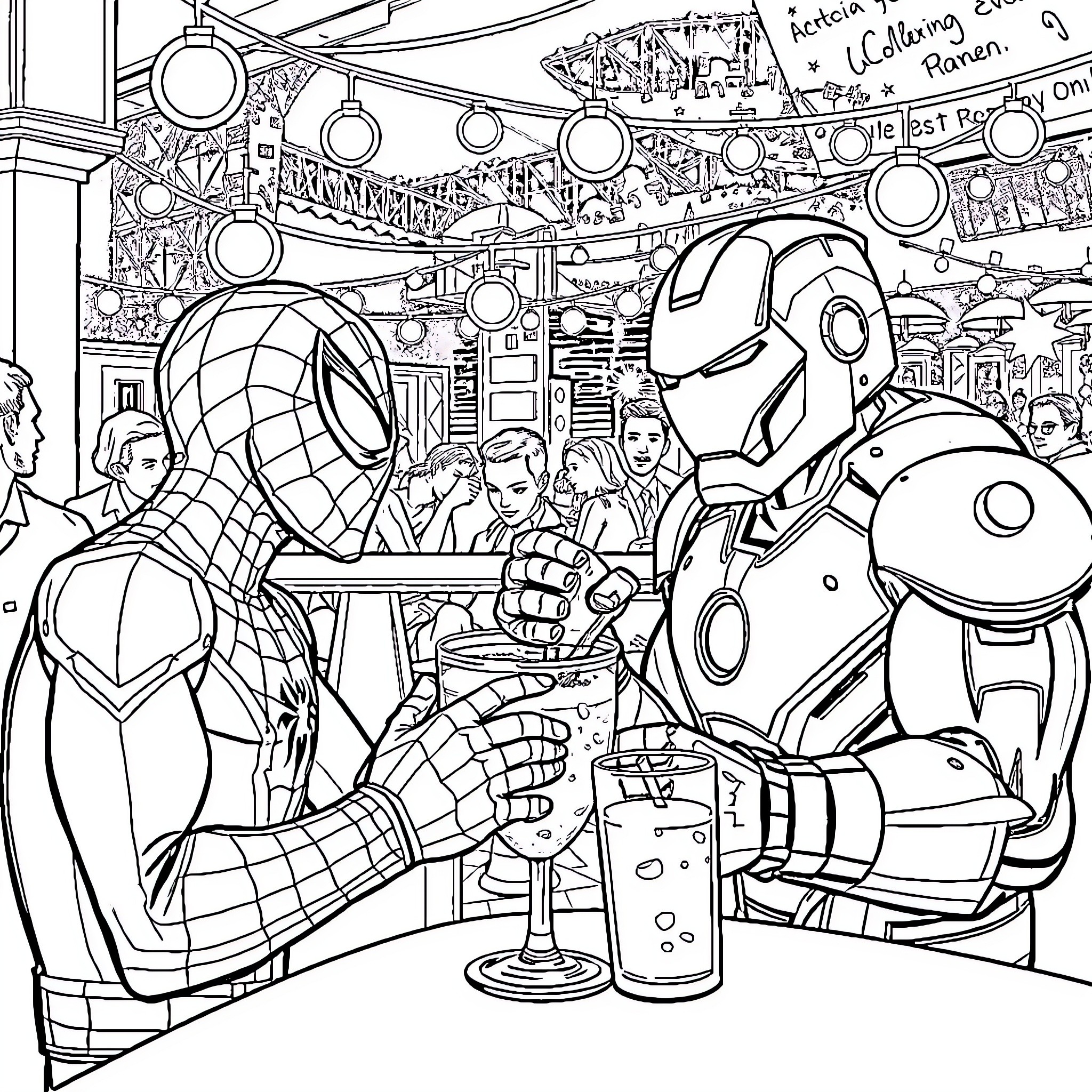 Spider-Man and Iron Man Sharing a Drink in a Lively Scene Coloring Page (free black-and-white line drawing printable PDF for all, from beginners to advanced learners, including children, teens, adults, and seniors)