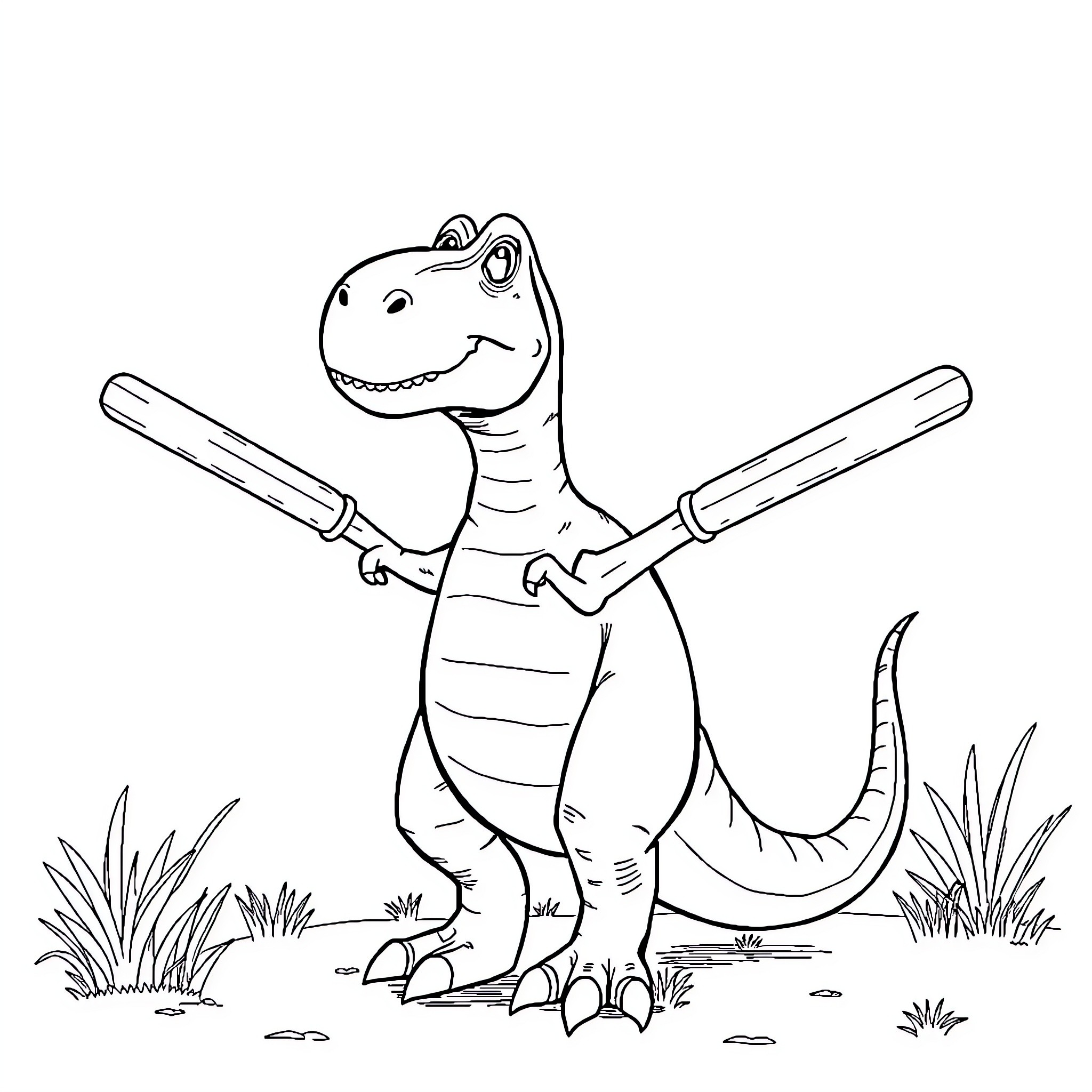 Dinosaur playing with sticks happily in the meadow Coloring Page (free black-and-white line drawing printable PDF for all, from beginners to advanced learners, including children, teens, adults, and seniors)