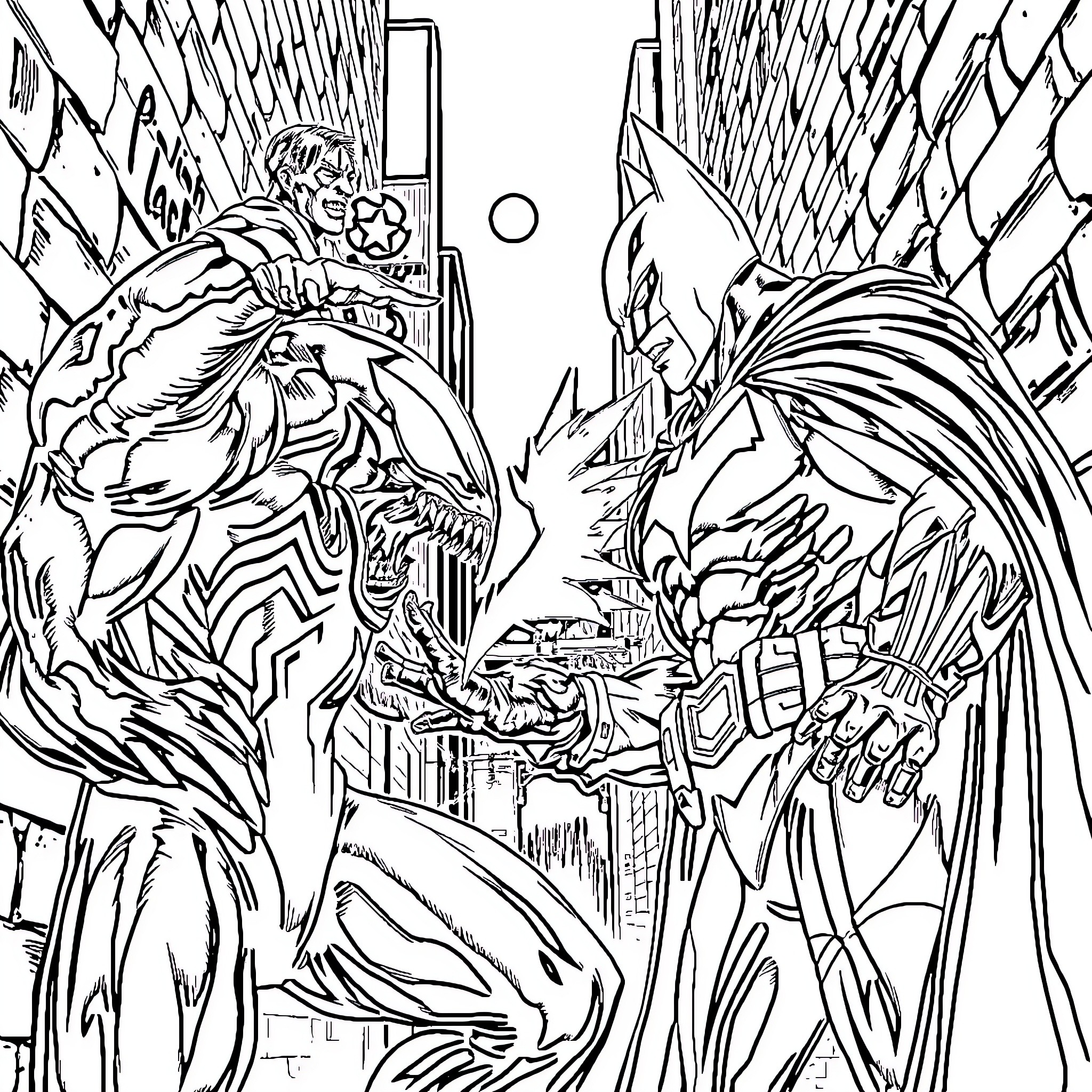 Venom Clash of the Symbiote Superheroes Coloring Page (free black-and-white line drawing printable PDF for all, from beginners to advanced learners, including children, teens, adults, and seniors)