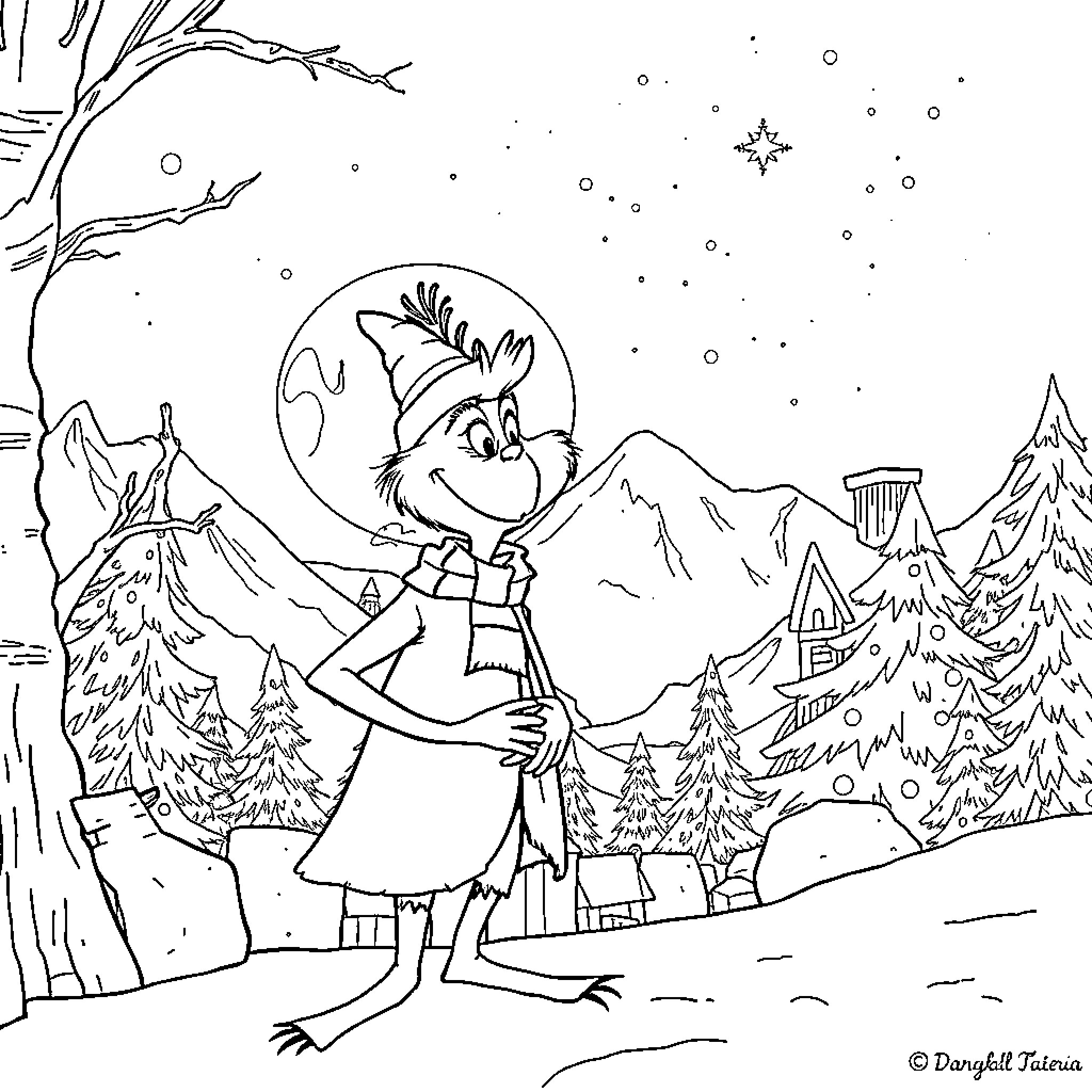 Barbazza's Wintry Adventure in the Mountains Coloring Page (free black-and-white line drawing printable PDF for all, from beginners to advanced learners, including children, teens, adults, and seniors)