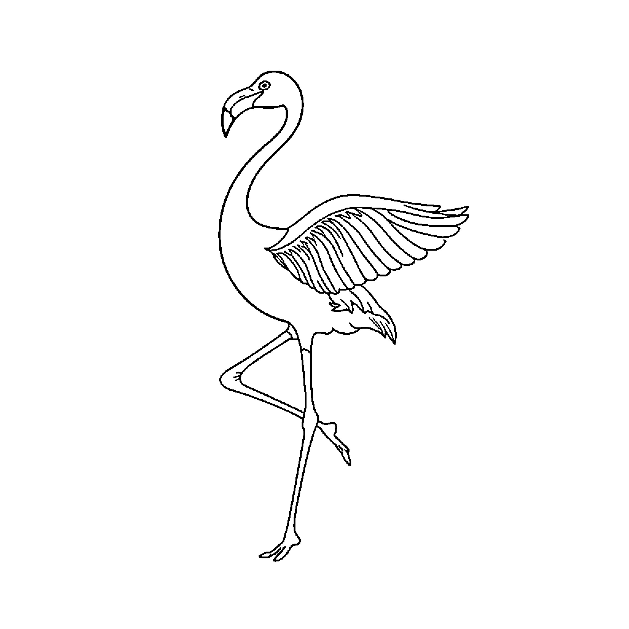 Flamingo standing elegantly with outstretched wings Coloring Page (free black-and-white line drawing printable PDF for all, from beginners to advanced learners, including children, teens, adults, and seniors)
