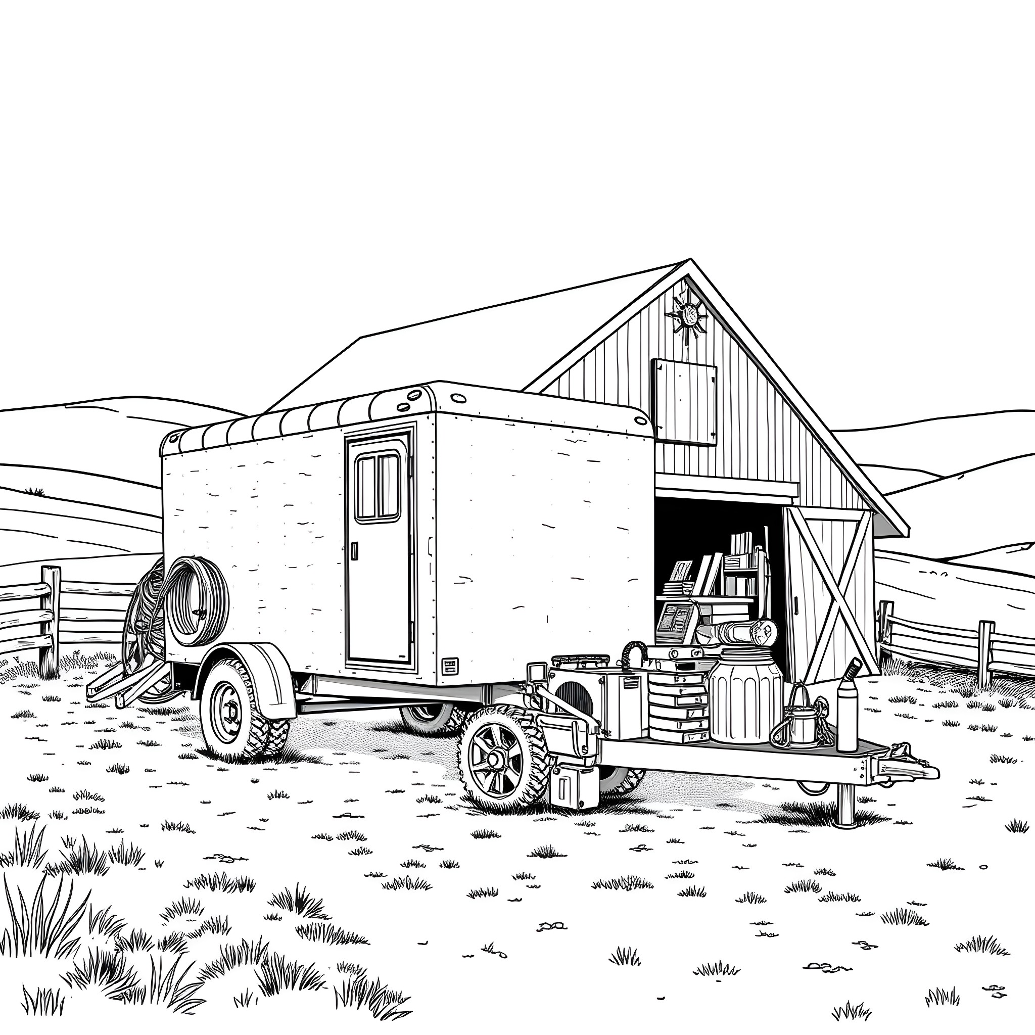 Gooseneck Trailer with Rustic Cabin in the Countryside Coloring Page (free black-and-white line drawing printable PDF for all, from beginners to advanced learners, including children, teens, adults, and seniors)