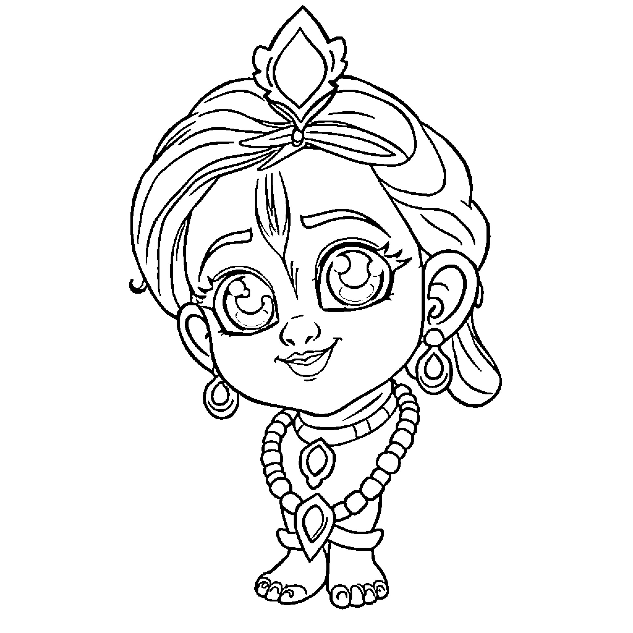 Krishna depicted as a joyful young girl Coloring Page (free black-and-white line drawing printable PDF for all, from beginners to advanced learners, including children, teens, adults, and seniors)