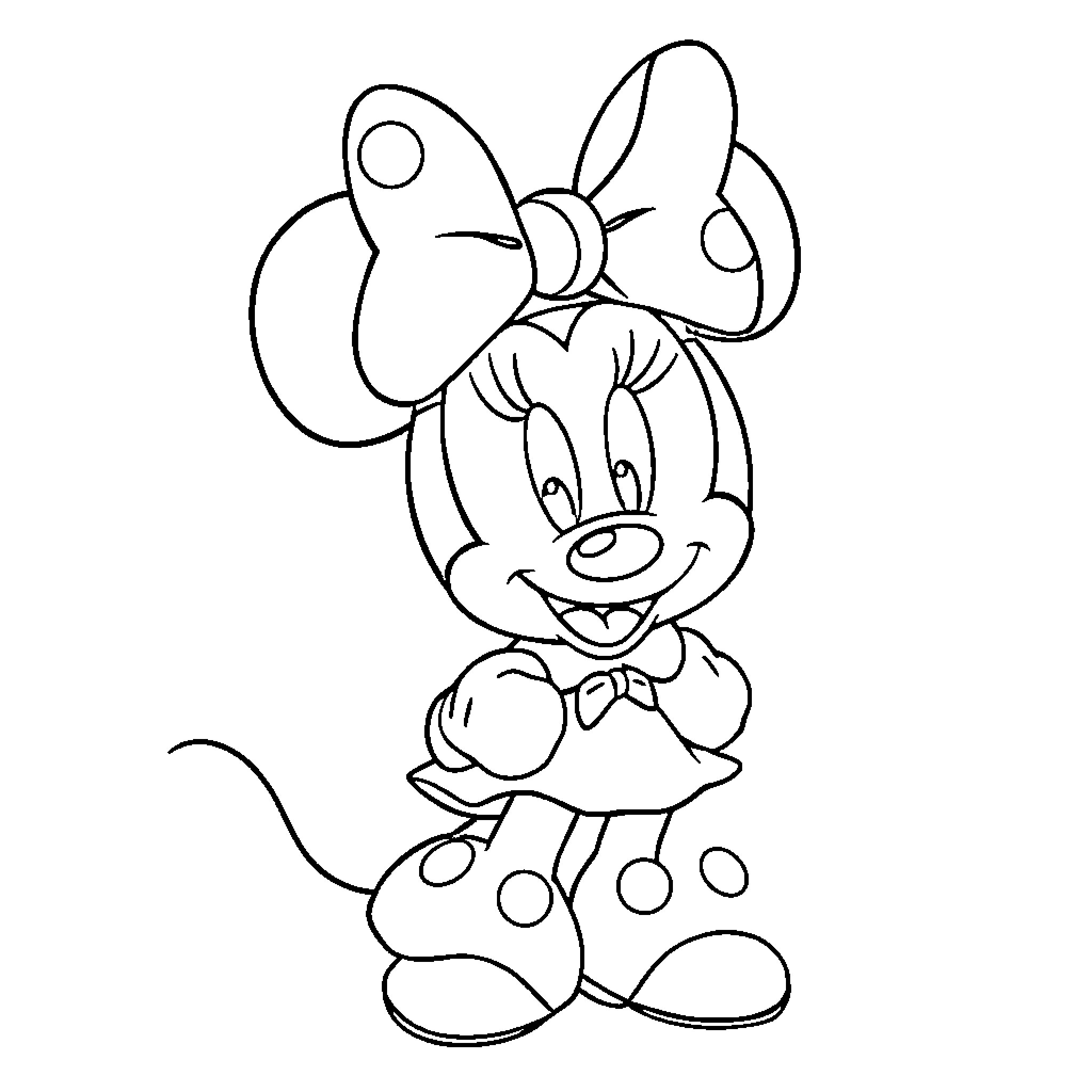 Minnie Mouse in a playful pose Coloring Page (free black-and-white line drawing printable PDF for all, from beginners to advanced learners, including children, teens, adults, and seniors)