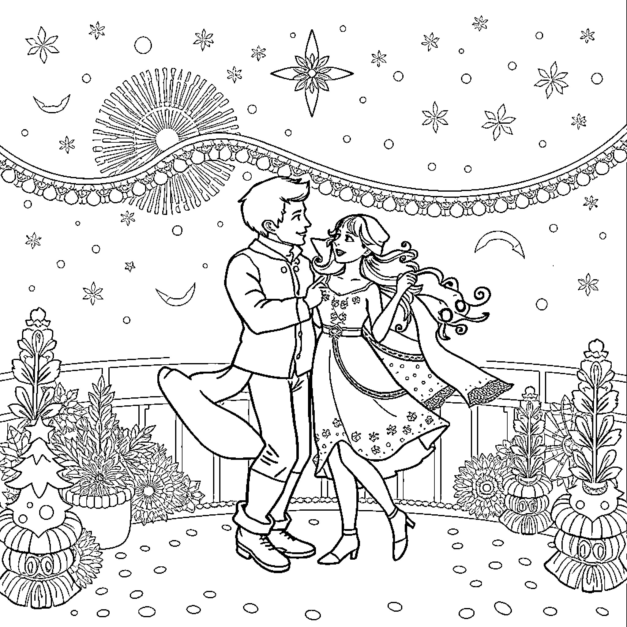 Family Dancing Joyfully under the Starry Night Sky Coloring Page (free black-and-white line drawing printable PDF for all, from beginners to advanced learners, including children, teens, adults, and seniors)