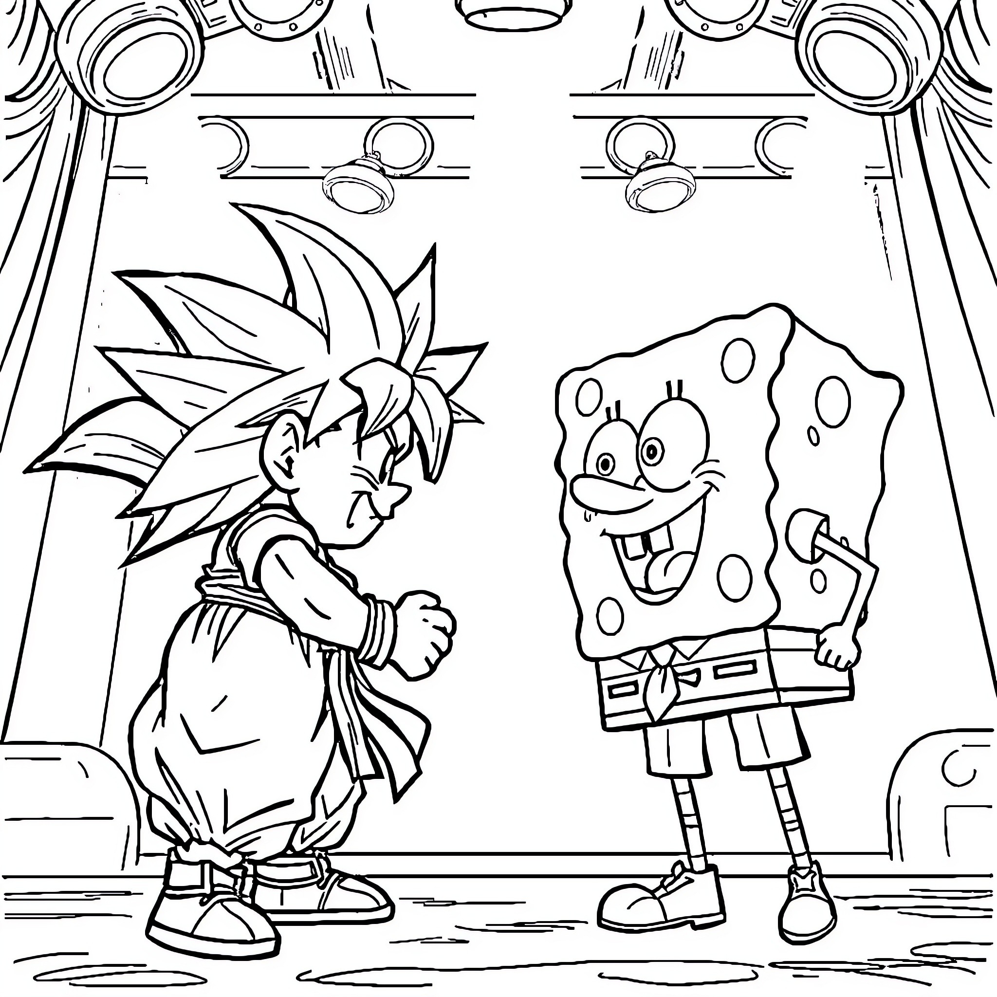 Goku meets SpongeBob in an unusual encounter Coloring Page (free black-and-white line drawing printable PDF for all, from beginners to advanced learners, including children, teens, adults, and seniors)