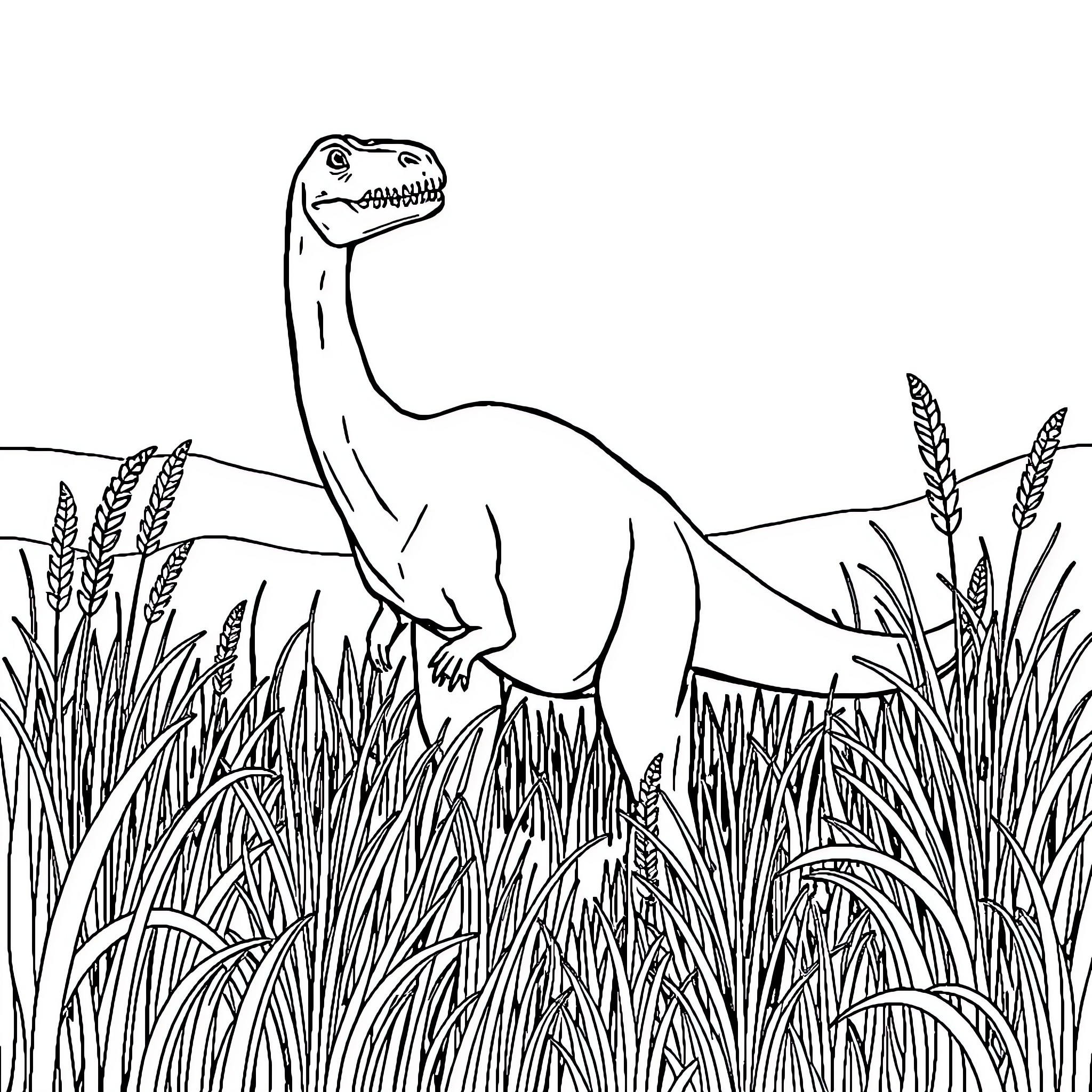 Dinosaur in tall grass with wheat stalks Coloring Page (free black-and-white line drawing printable PDF for all, from beginners to advanced learners, including children, teens, adults, and seniors)