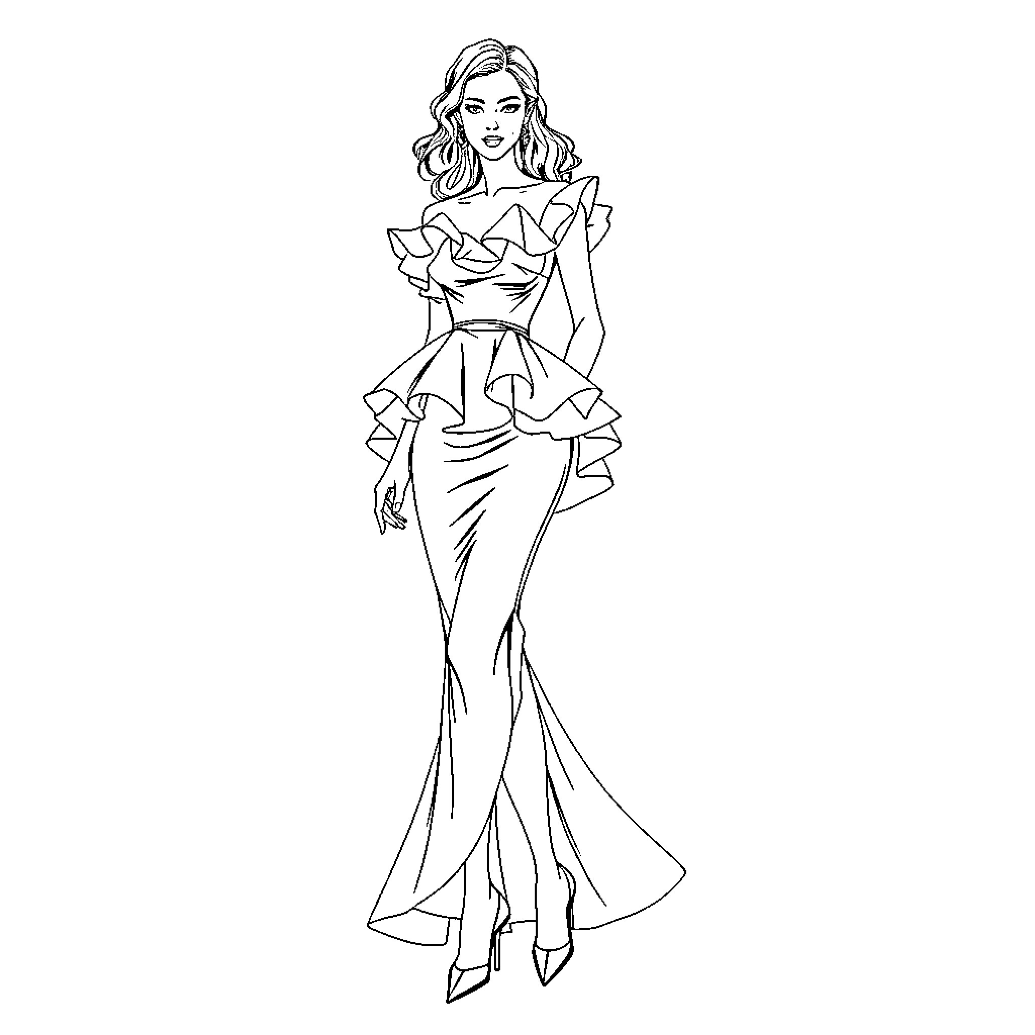 Woman in elegant ruffled gown posing confidently Coloring Page (free black-and-white line drawing printable PDF for all, from beginners to advanced learners, including children, teens, adults, and seniors)