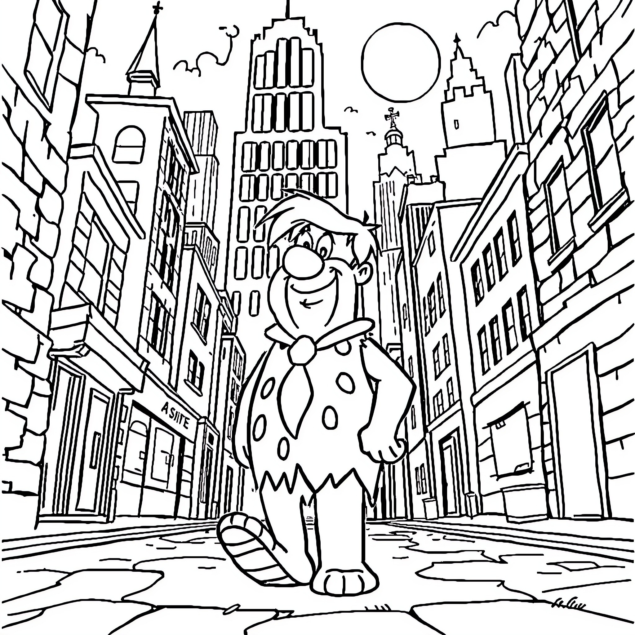 Fred Flintstone's Whimsical Adventure in the City Coloring Page (free black-and-white line drawing printable PDF for all, from beginners to advanced learners, including children, teens, adults, and seniors)