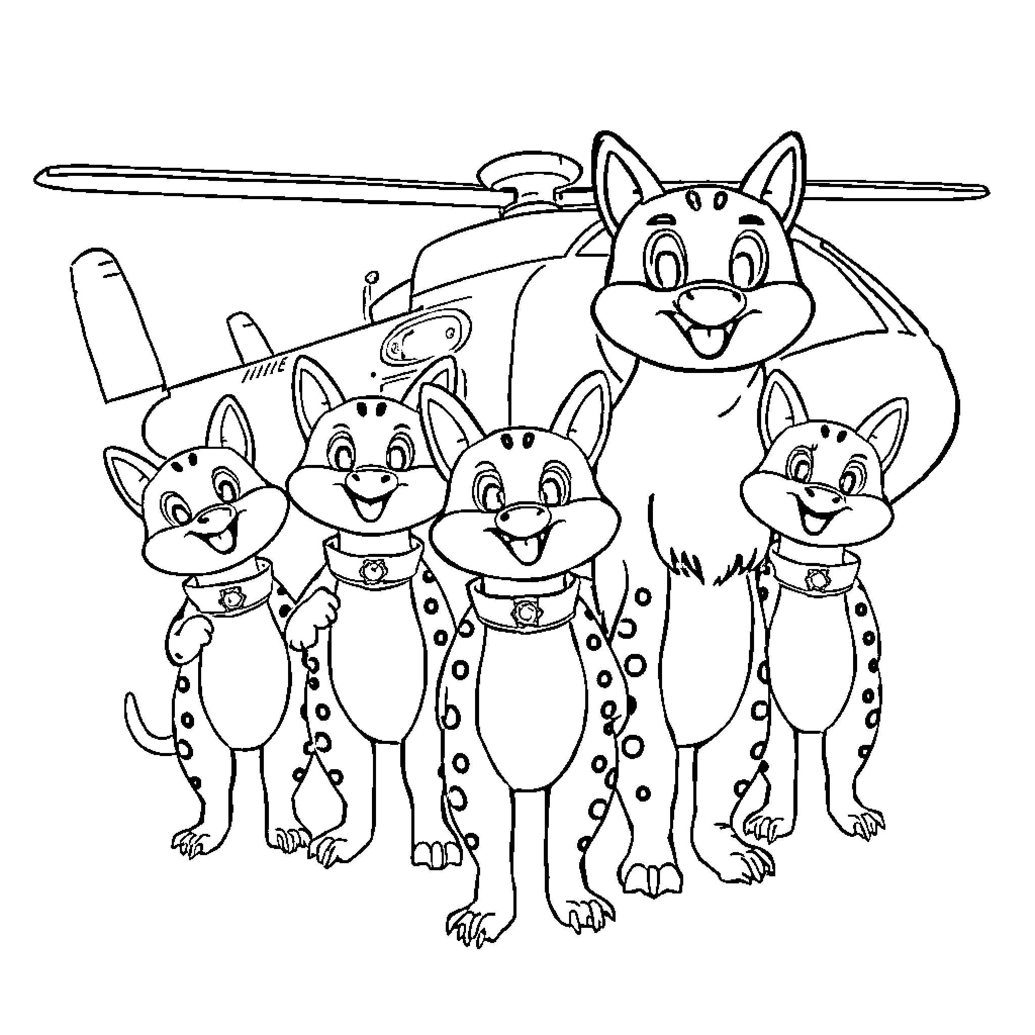 Paw Patrol Cartoon Characters in Action Pose Coloring Page (free black-and-white line drawing printable PDF for all, from beginners to advanced learners, including children, teens, adults, and seniors)