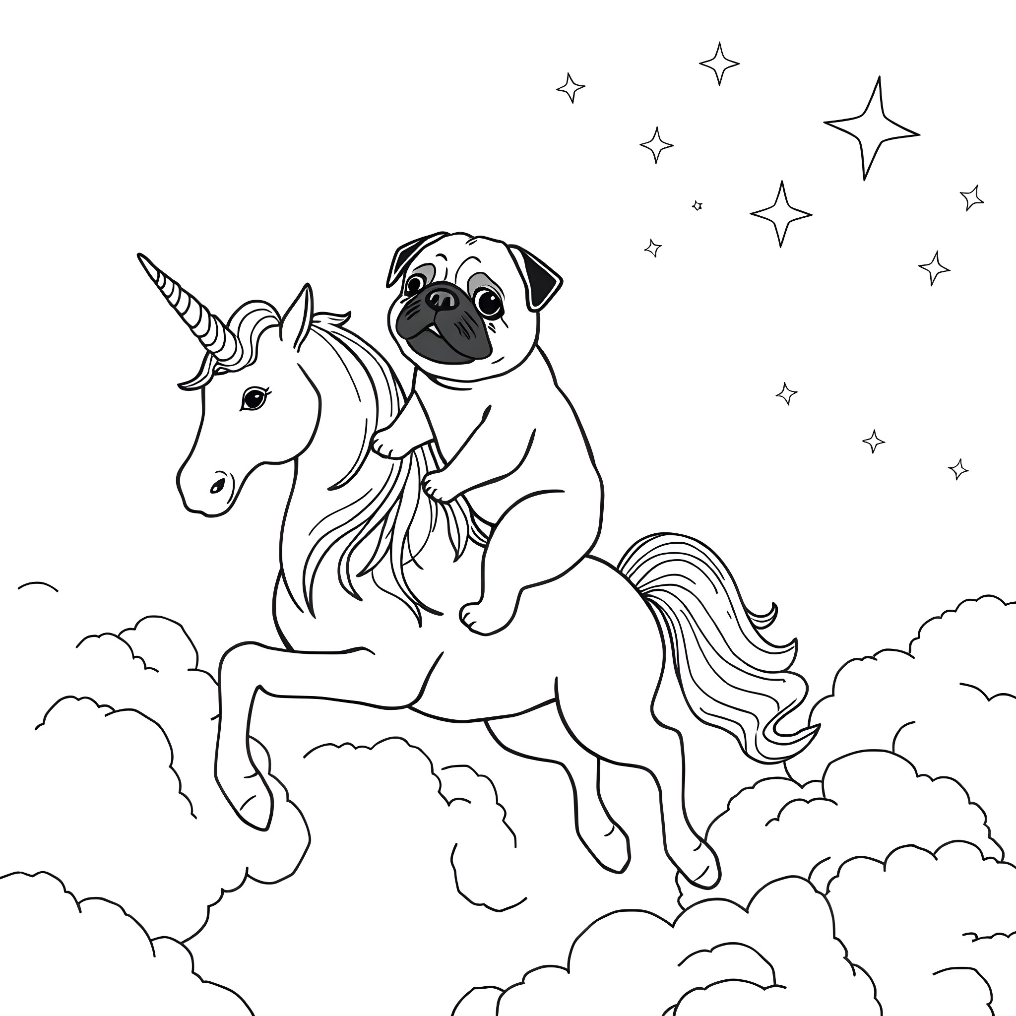 Pug riding a magical unicorn in the clouds Coloring Page (free black-and-white line drawing printable PDF for all, from beginners to advanced learners, including children, teens, adults, and seniors)