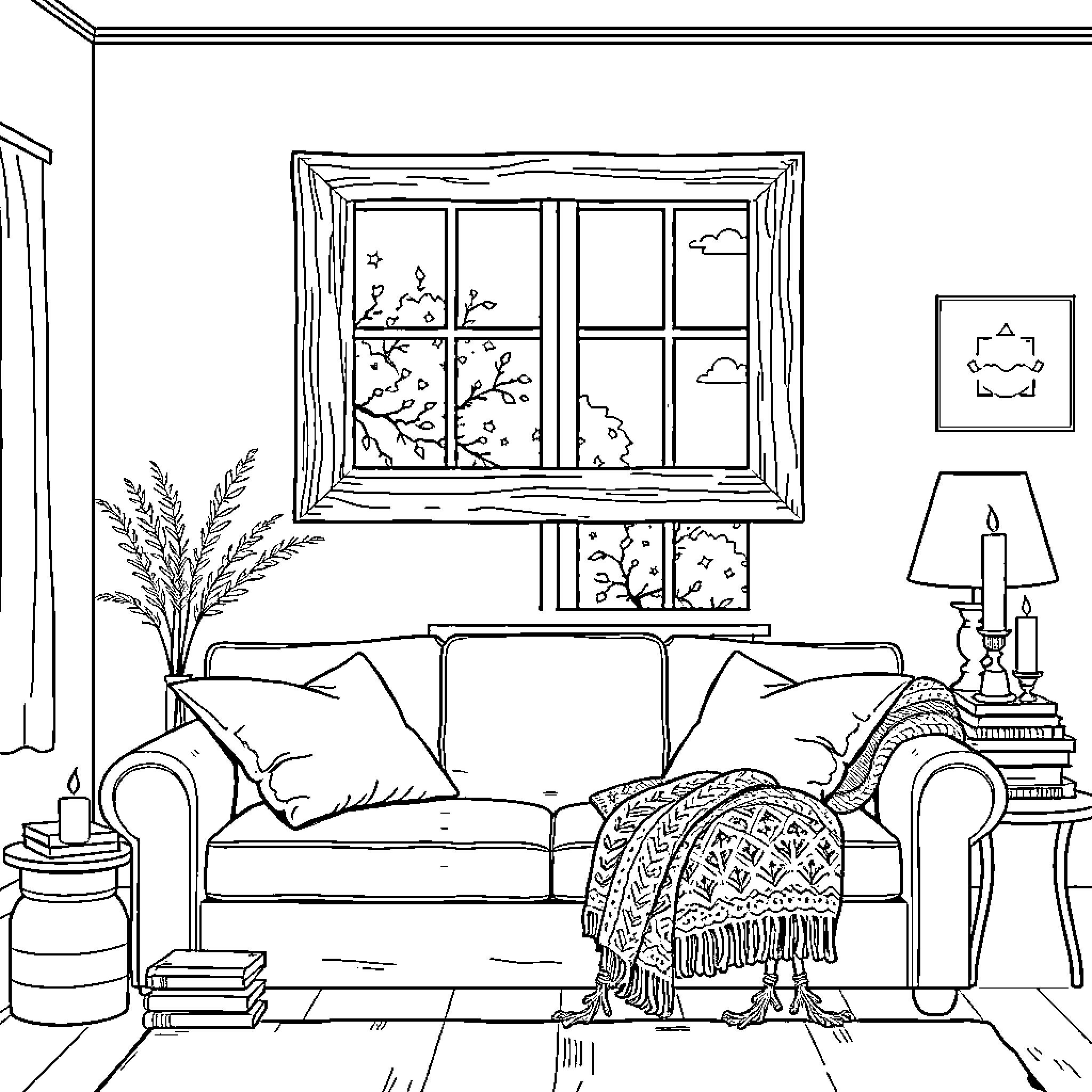 Living Room with Cozy Furnishings and Decorations Coloring Page (free black-and-white line drawing printable PDF for all, from beginners to advanced learners, including children, teens, adults, and seniors)