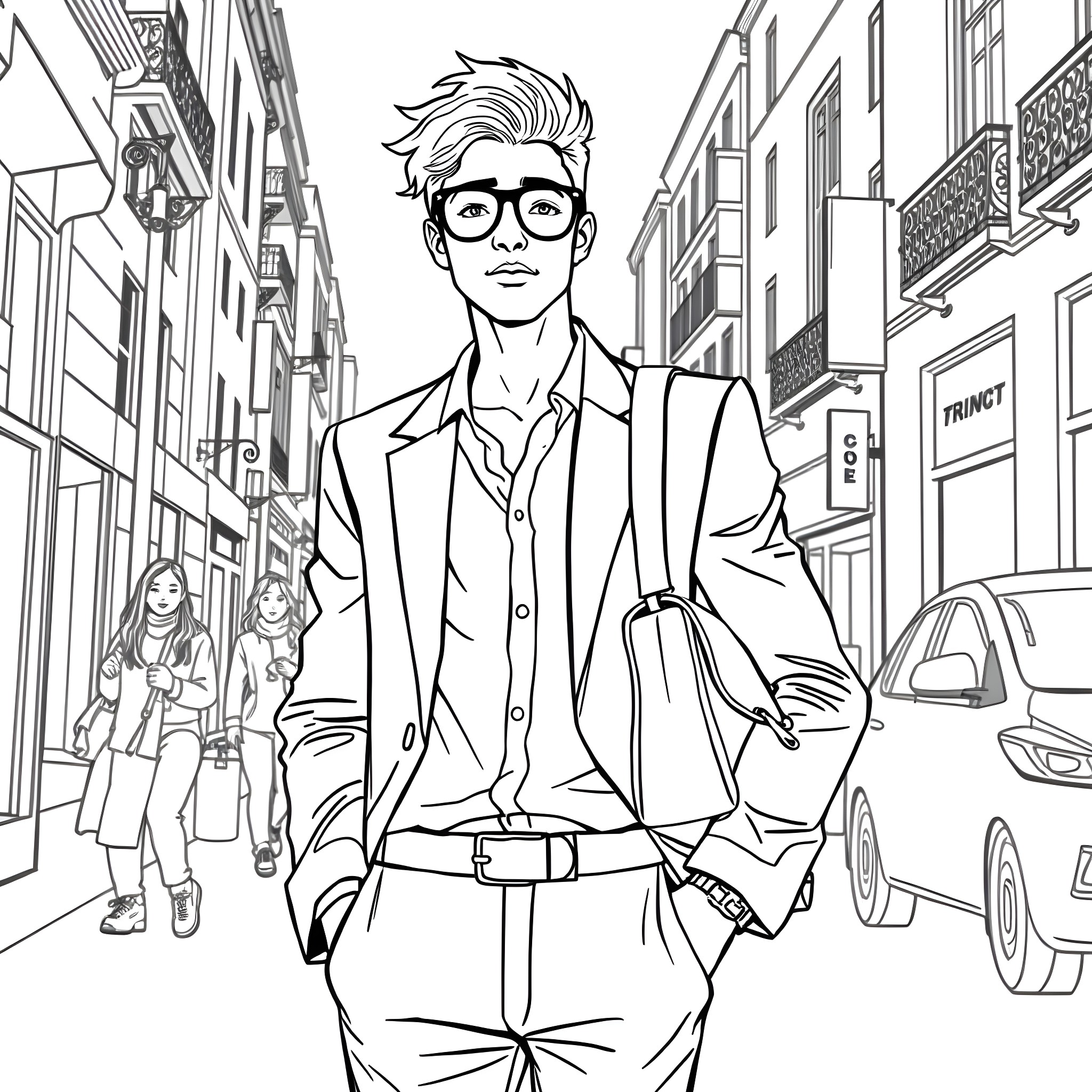 Teen Guy Walking Confidently in the City Coloring Page (free black-and-white line drawing printable PDF for all, from beginners to advanced learners, including children, teens, adults, and seniors)