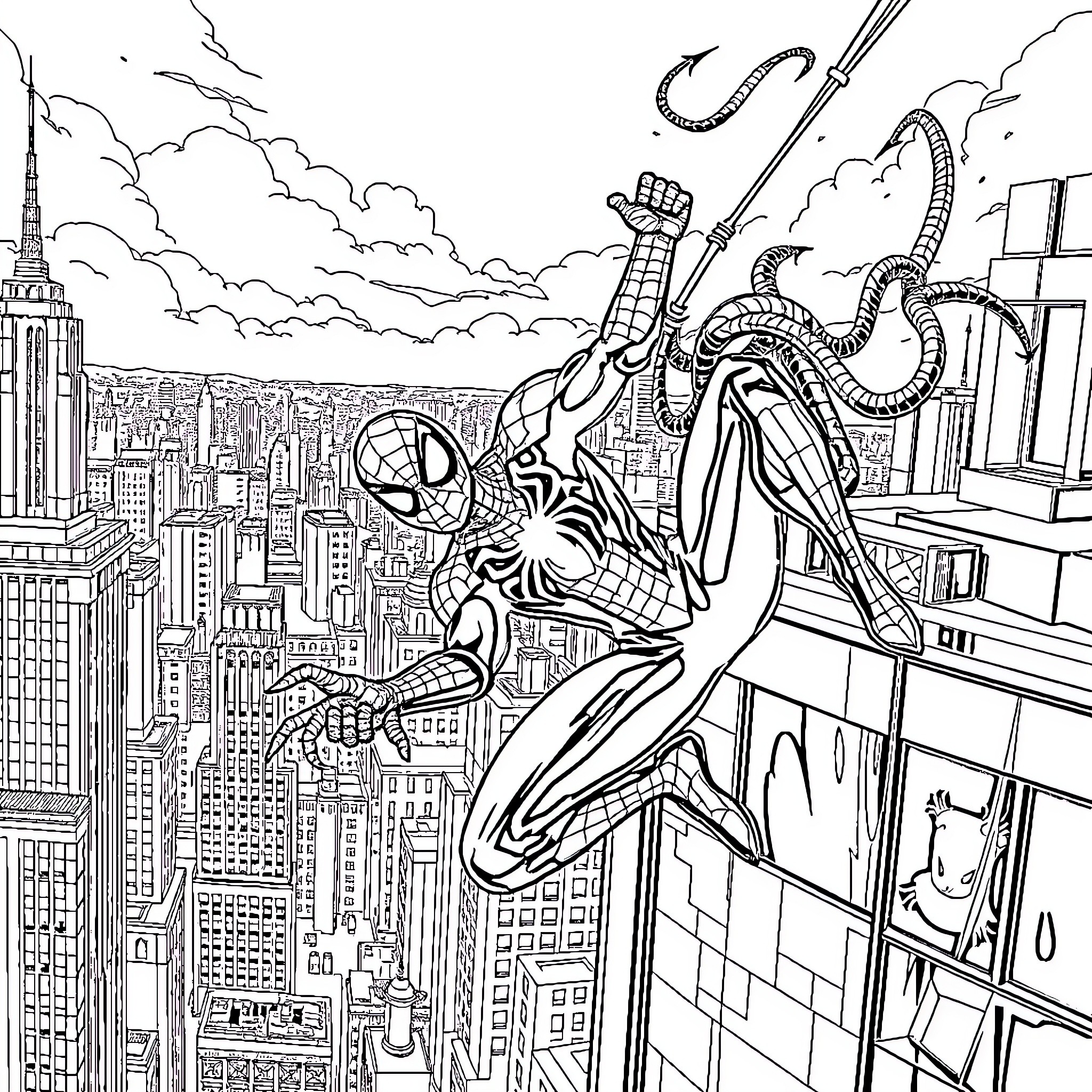 Spider-Man swinging through the city skyline Coloring Page (free black-and-white line drawing printable PDF for all, from beginners to advanced learners, including children, teens, adults, and seniors)