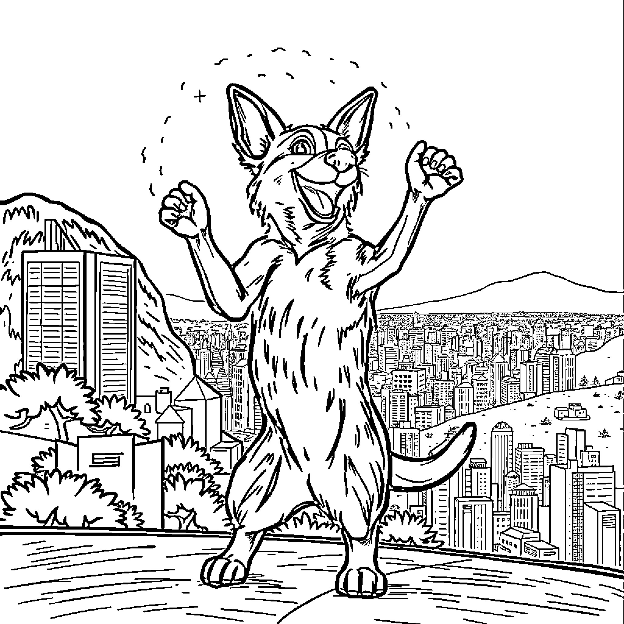Perro celebrates joyfully in the cityscape Coloring Page (free black-and-white line drawing printable PDF for all, from beginners to advanced learners, including children, teens, adults, and seniors)