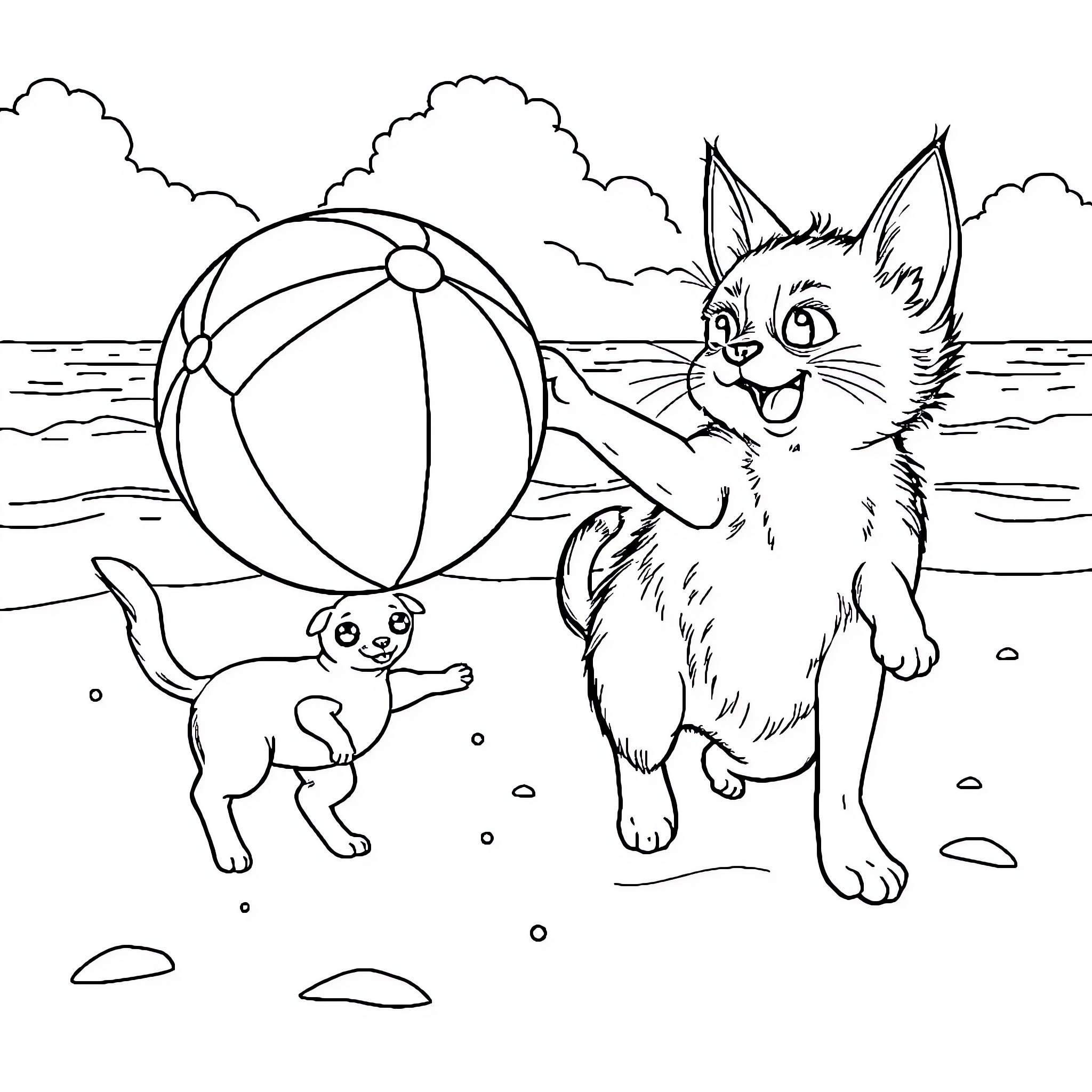 Cat playing with beach ball and puppy on the shore Coloring Page (free black-and-white line drawing printable PDF for all, from beginners to advanced learners, including children, teens, adults, and seniors)