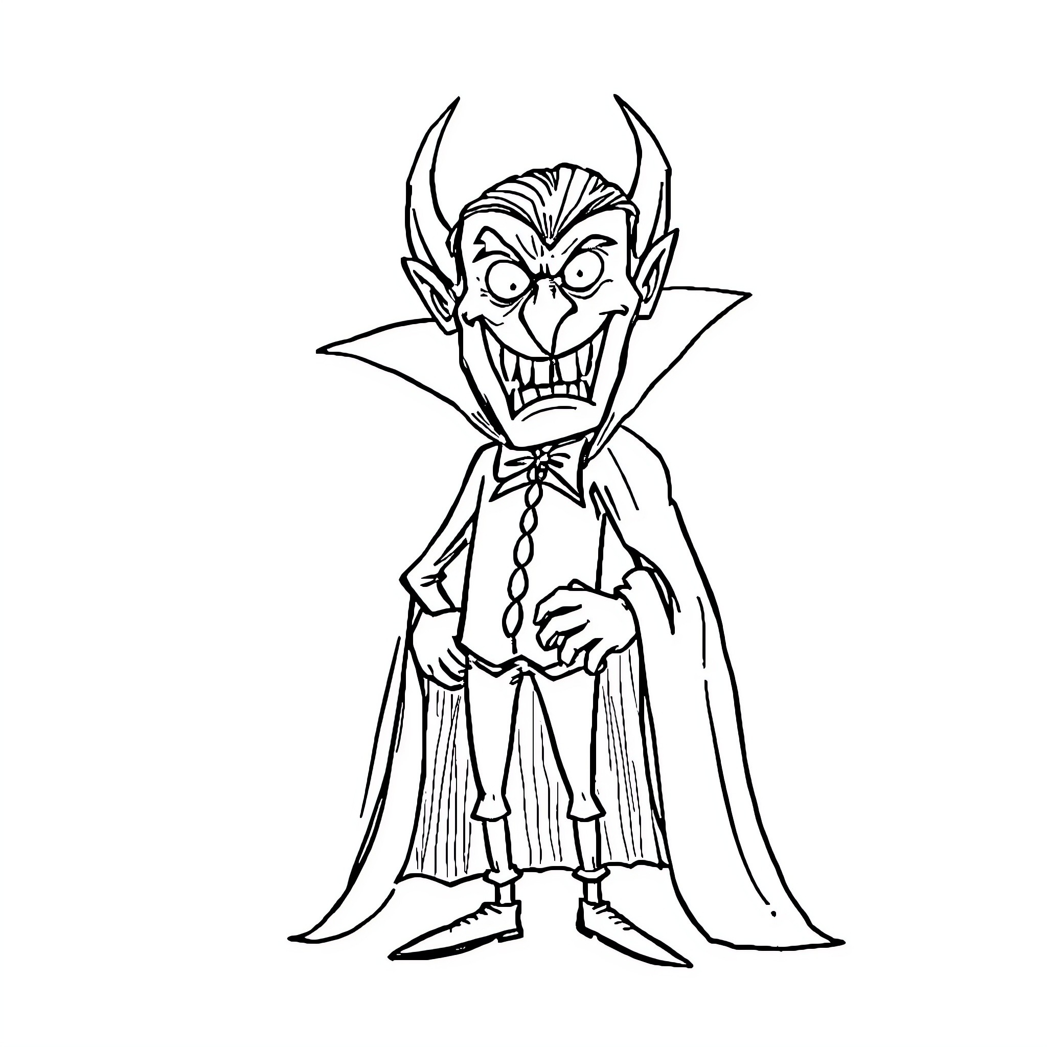 Dracula's Menacing Grin and Sinister Attire Coloring Page (free black-and-white line drawing printable PDF for all, from beginners to advanced learners, including children, teens, adults, and seniors)