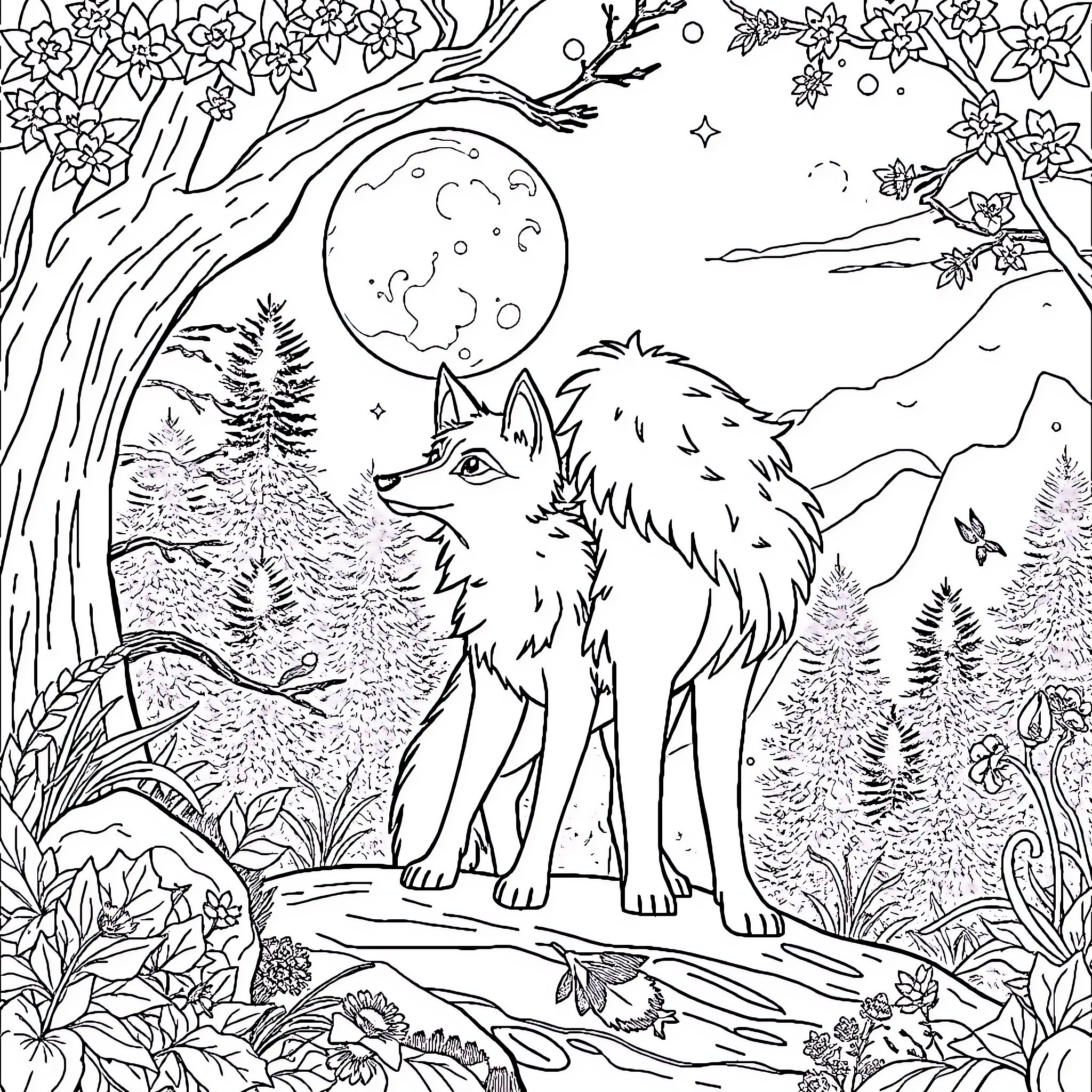 Loup in the Enchanted Forest Coloring Page (free black-and-white line drawing printable PDF for all, from beginners to advanced learners, including children, teens, adults, and seniors)