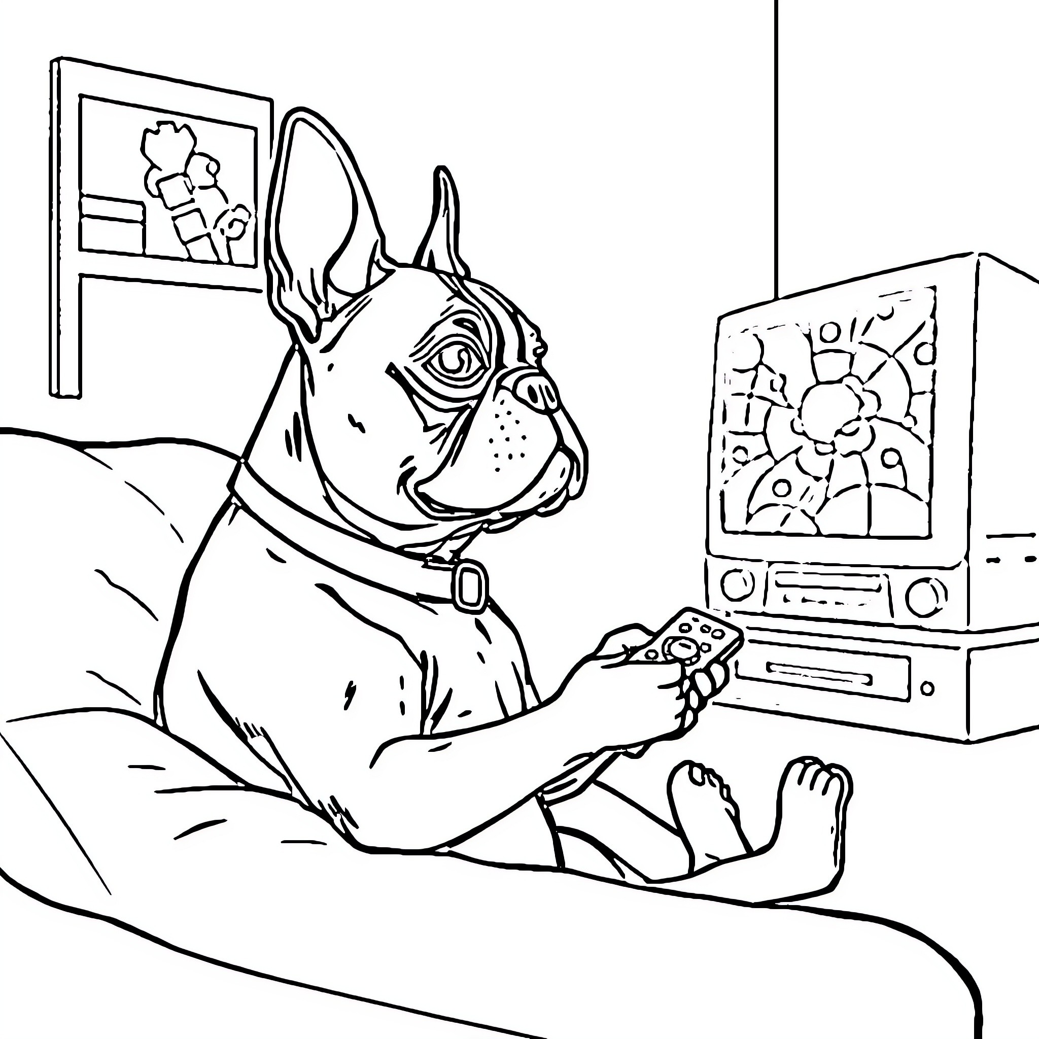 Boston Terrier relaxing and watching TV Coloring Page (free black-and-white line drawing printable PDF for all, from beginners to advanced learners, including children, teens, adults, and seniors)
