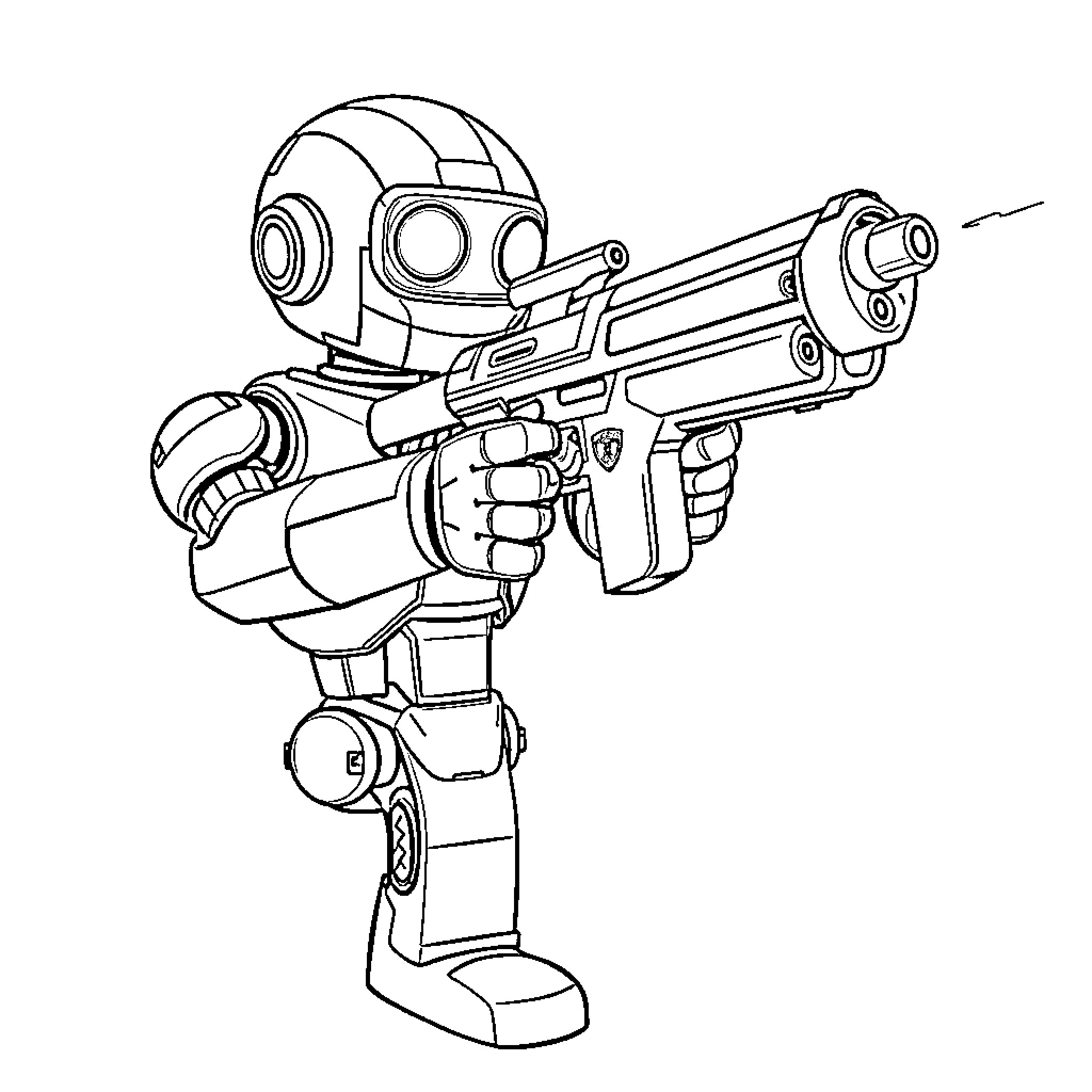 Robot Holding a Futuristic Blaster Weapon Coloring Page (free black-and-white line drawing printable PDF for all, from beginners to advanced learners, including children, teens, adults, and seniors)