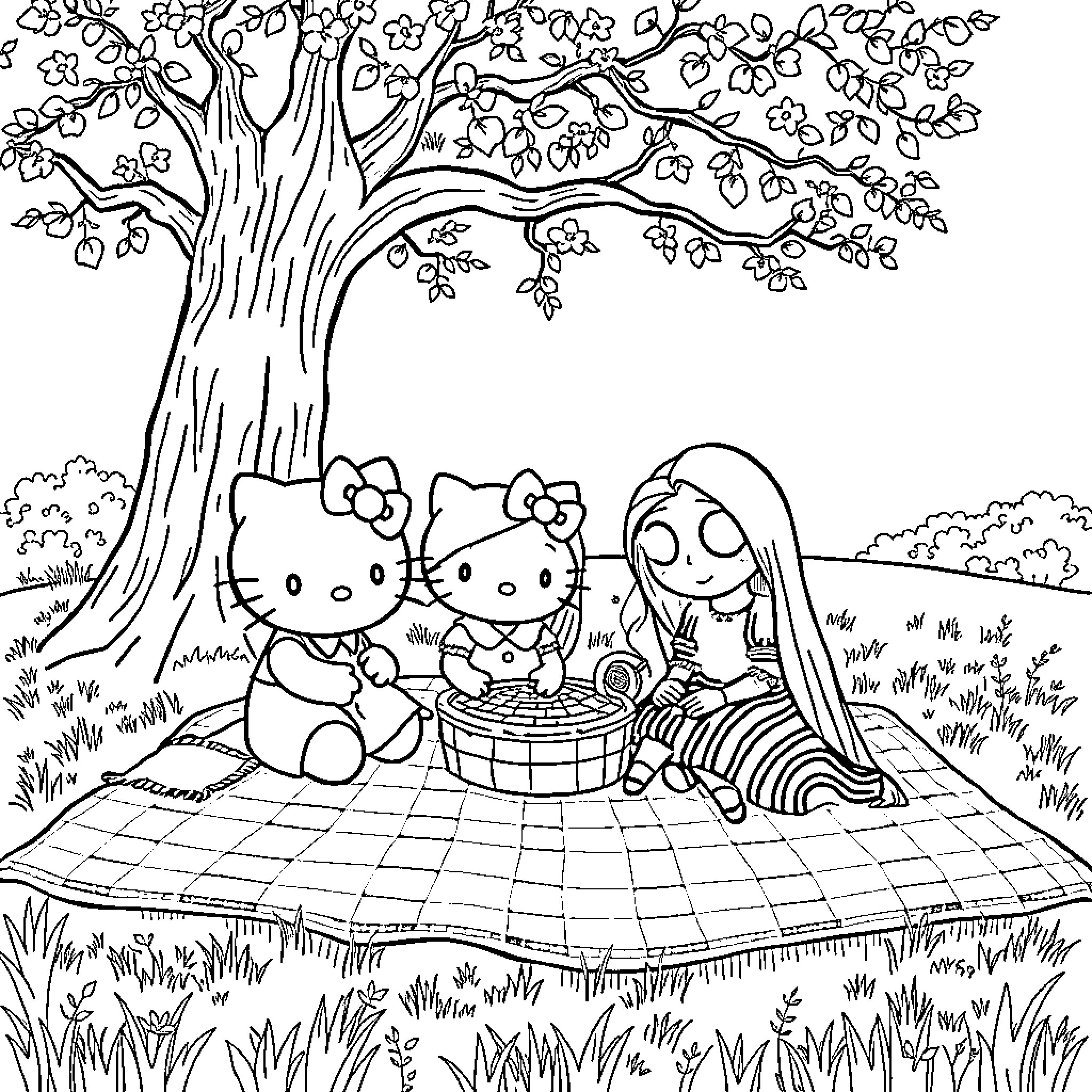 Character having a picnic under a blooming tree Coloring Page (free black-and-white line drawing printable PDF for all, from beginners to advanced learners, including children, teens, adults, and seniors)