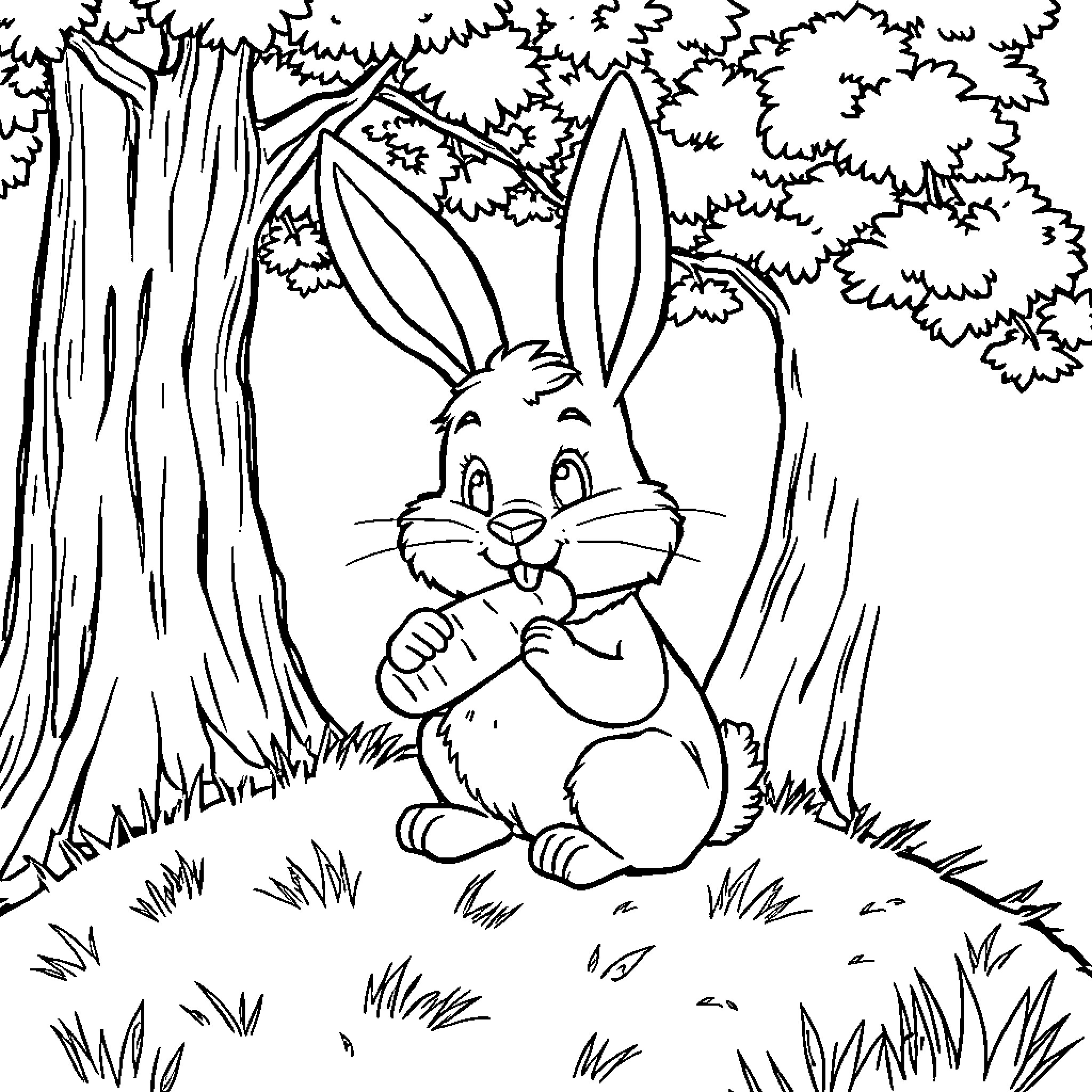 Bunny sitting in the forest Coloring Page (free black-and-white line drawing printable PDF for all, from beginners to advanced learners, including children, teens, adults, and seniors)