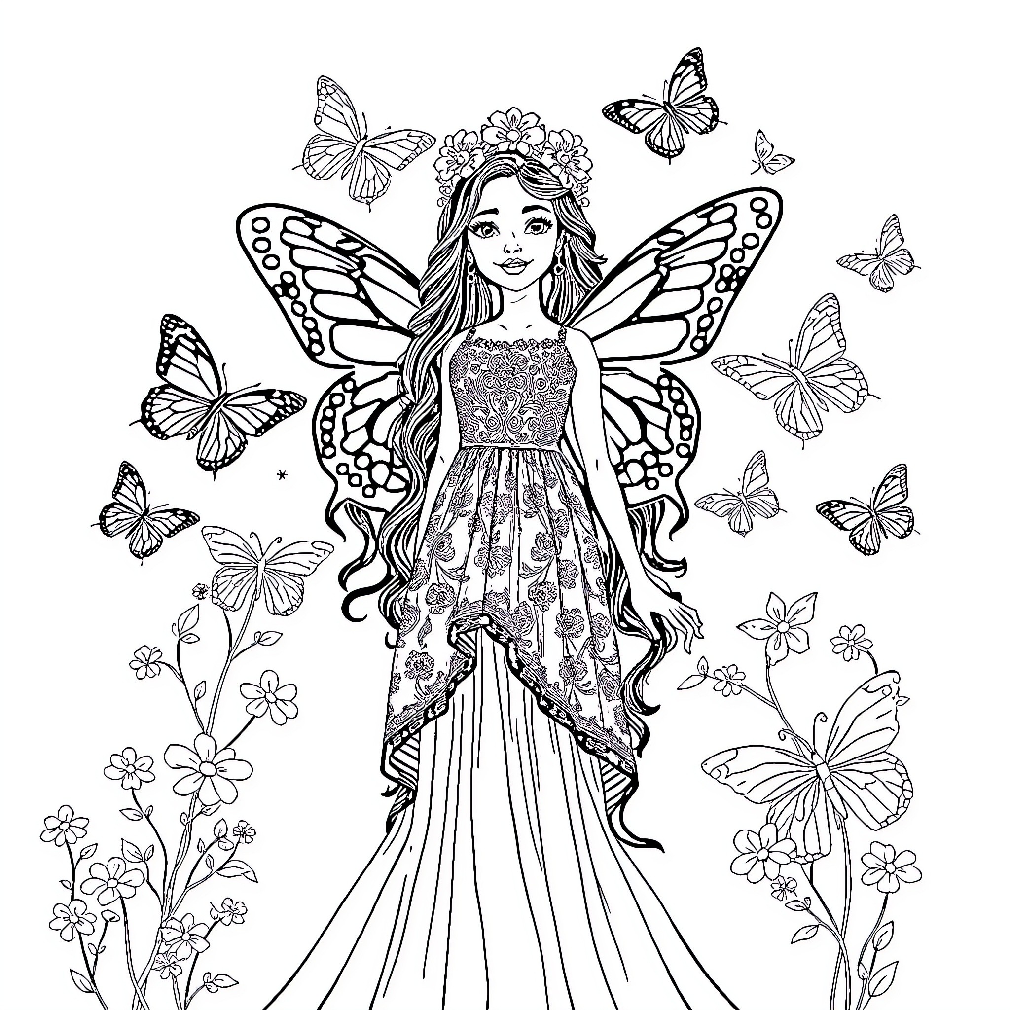 Zarayah, the Whimsical Fairy Queen amidst Fluttering Butterflies Coloring Page (free black-and-white line drawing printable PDF for all, from beginners to advanced learners, including children, teens, adults, and seniors)