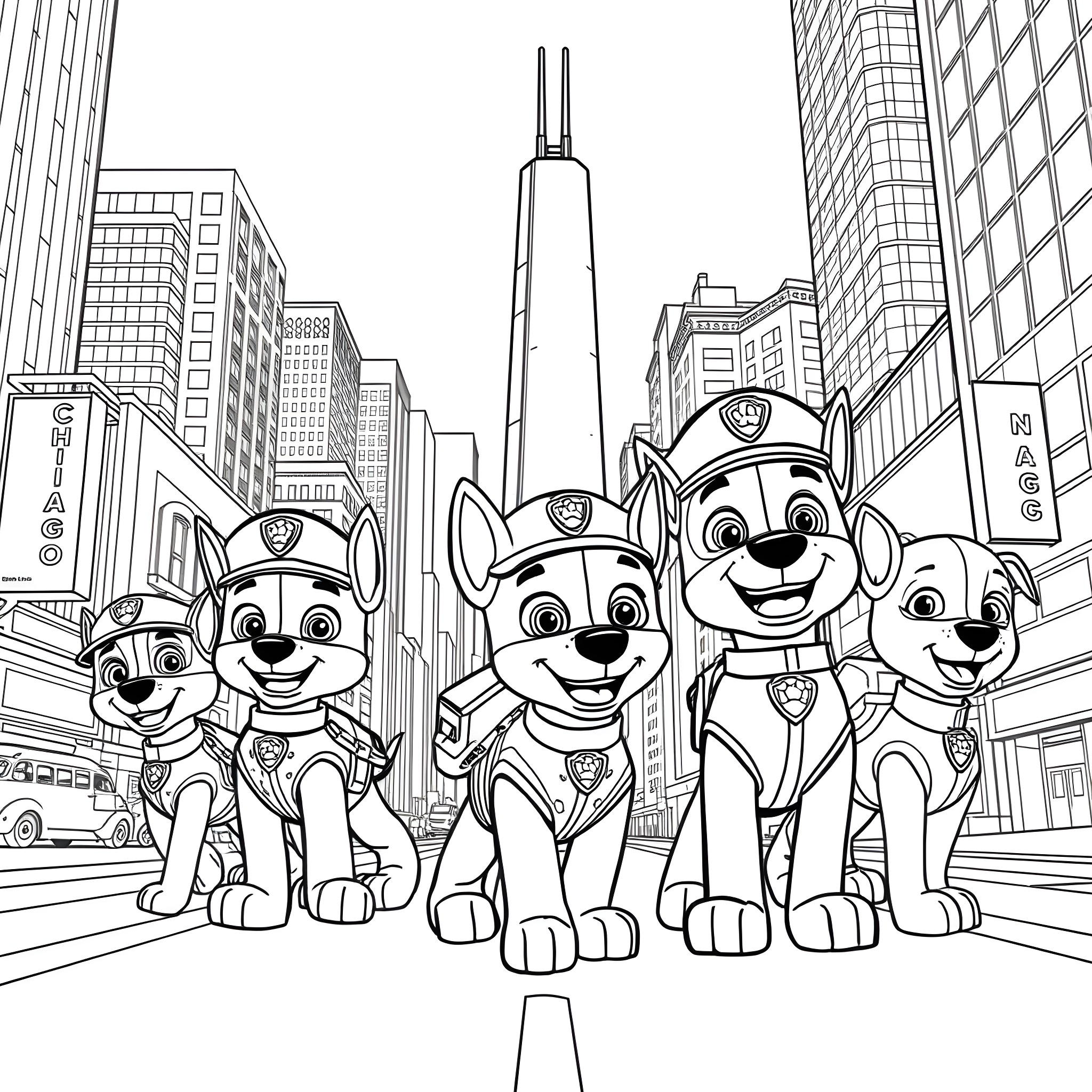 Paw Patrol adventures in the city Coloring Page (free black-and-white line drawing printable PDF for all, from beginners to advanced learners, including children, teens, adults, and seniors)