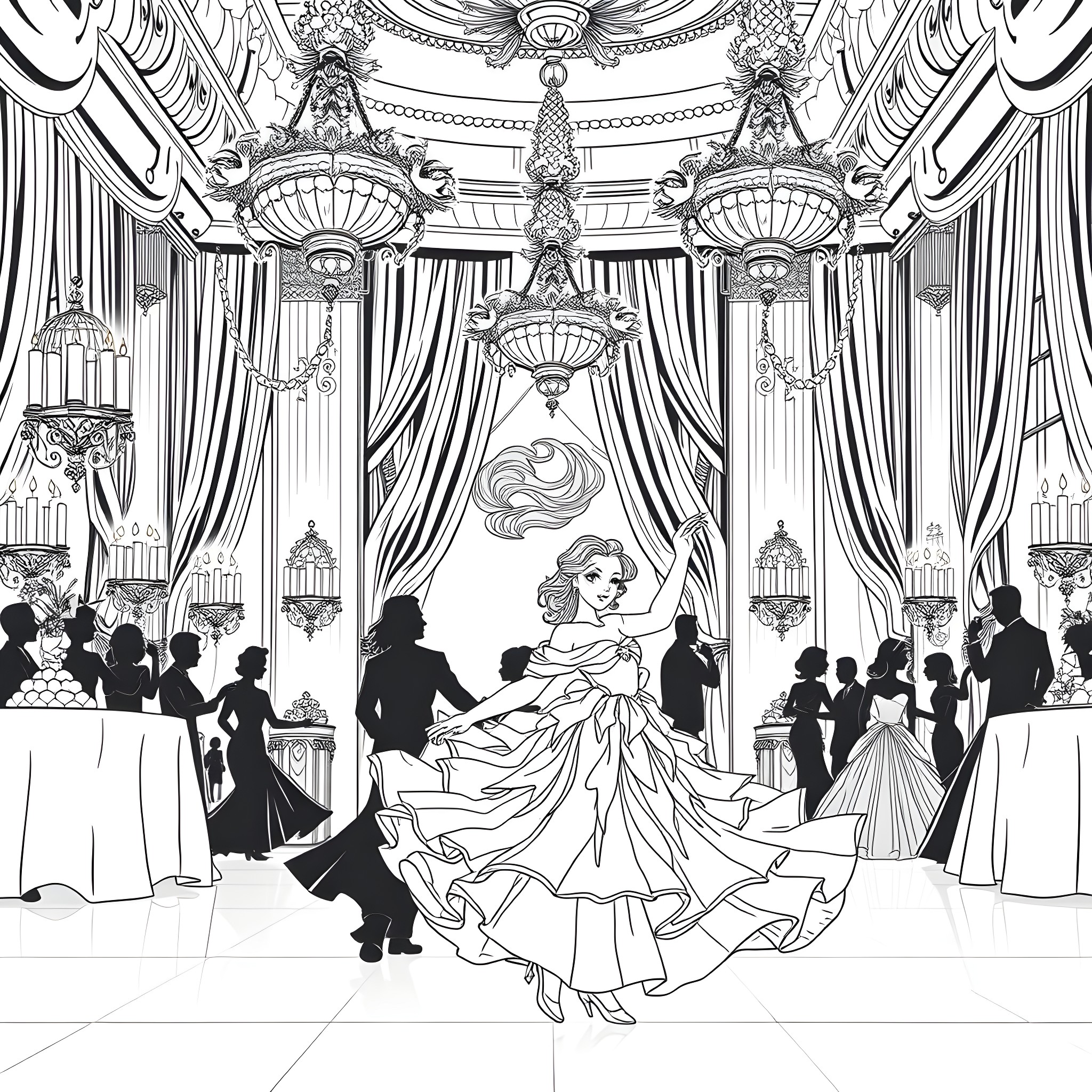 Babette's Elegant Ballroom Dance Coloring Page (free black-and-white line drawing printable PDF for all, from beginners to advanced learners, including children, teens, adults, and seniors)