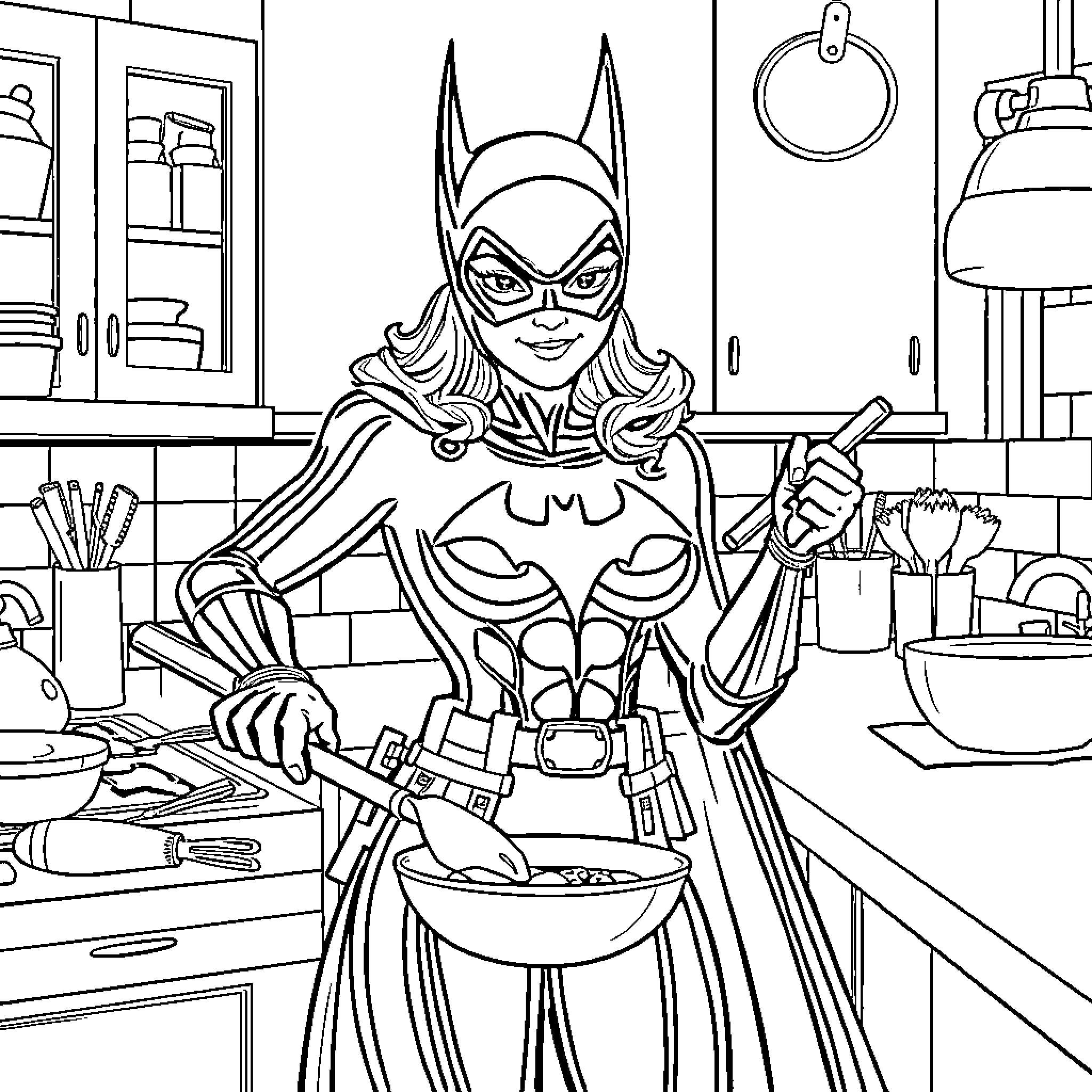 Batgirl prepares a meal in her kitchen Coloring Page (free black-and-white line drawing printable PDF for all, from beginners to advanced learners, including children, teens, adults, and seniors)