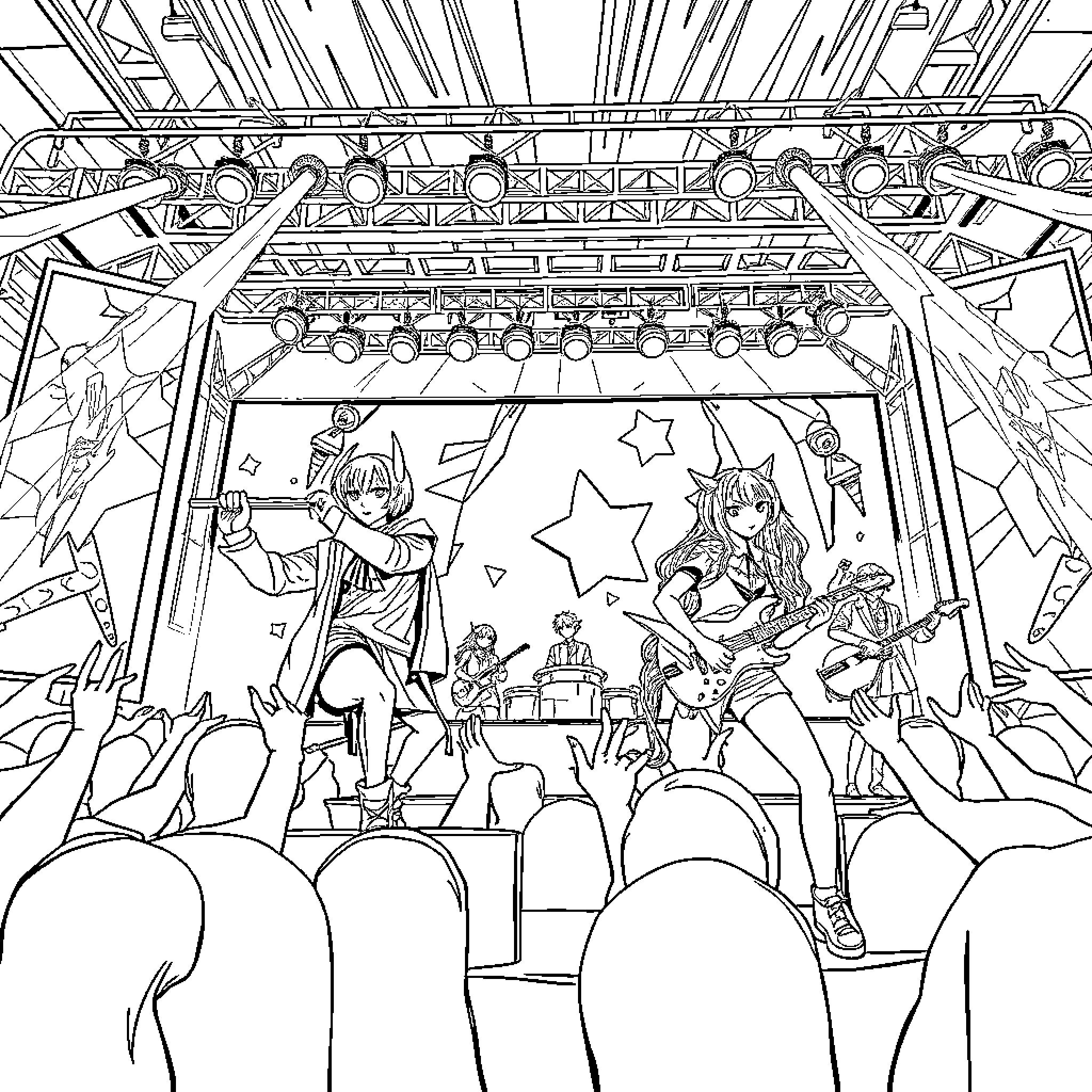 Kpop performers on stage with energetic crowd Coloring Page (free black-and-white line drawing printable PDF for all, from beginners to advanced learners, including children, teens, adults, and seniors)