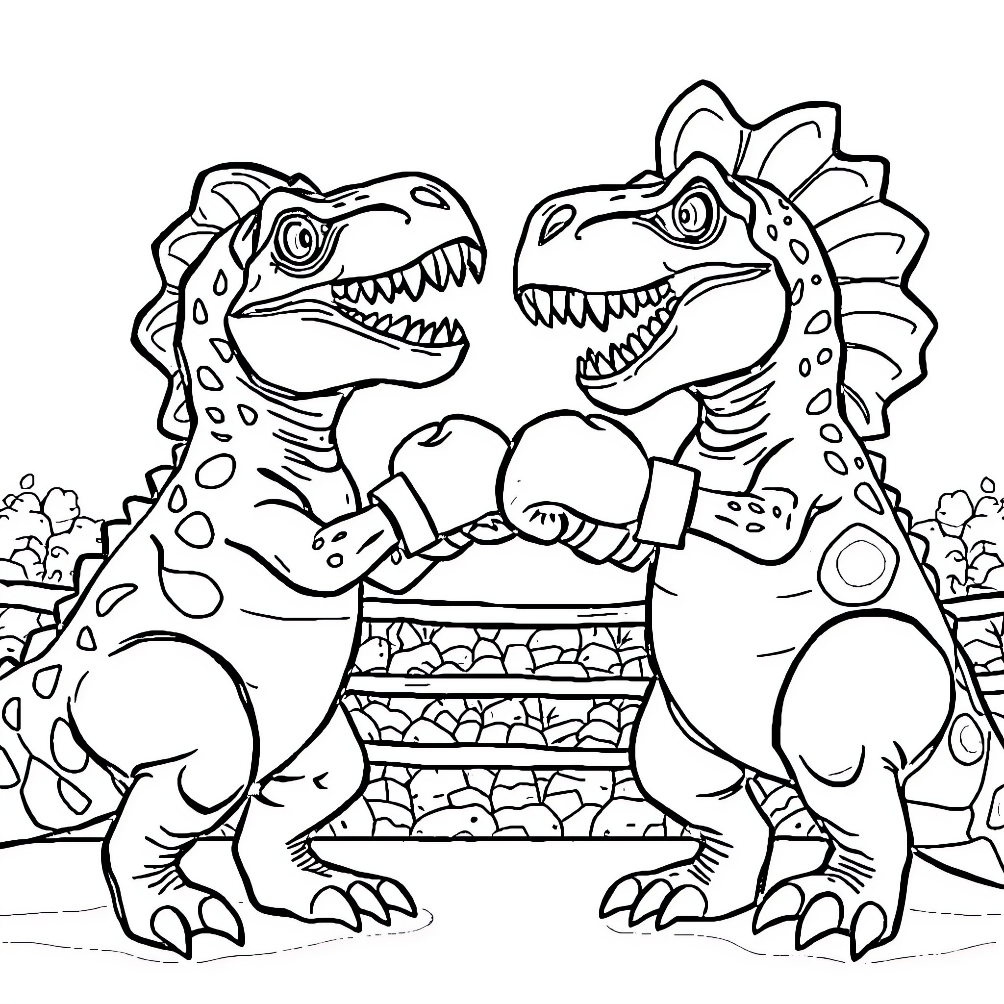 Dinosaur rivals facing off in a fierce contest Coloring Page (free black-and-white line drawing printable PDF for all, from beginners to advanced learners, including children, teens, adults, and seniors)