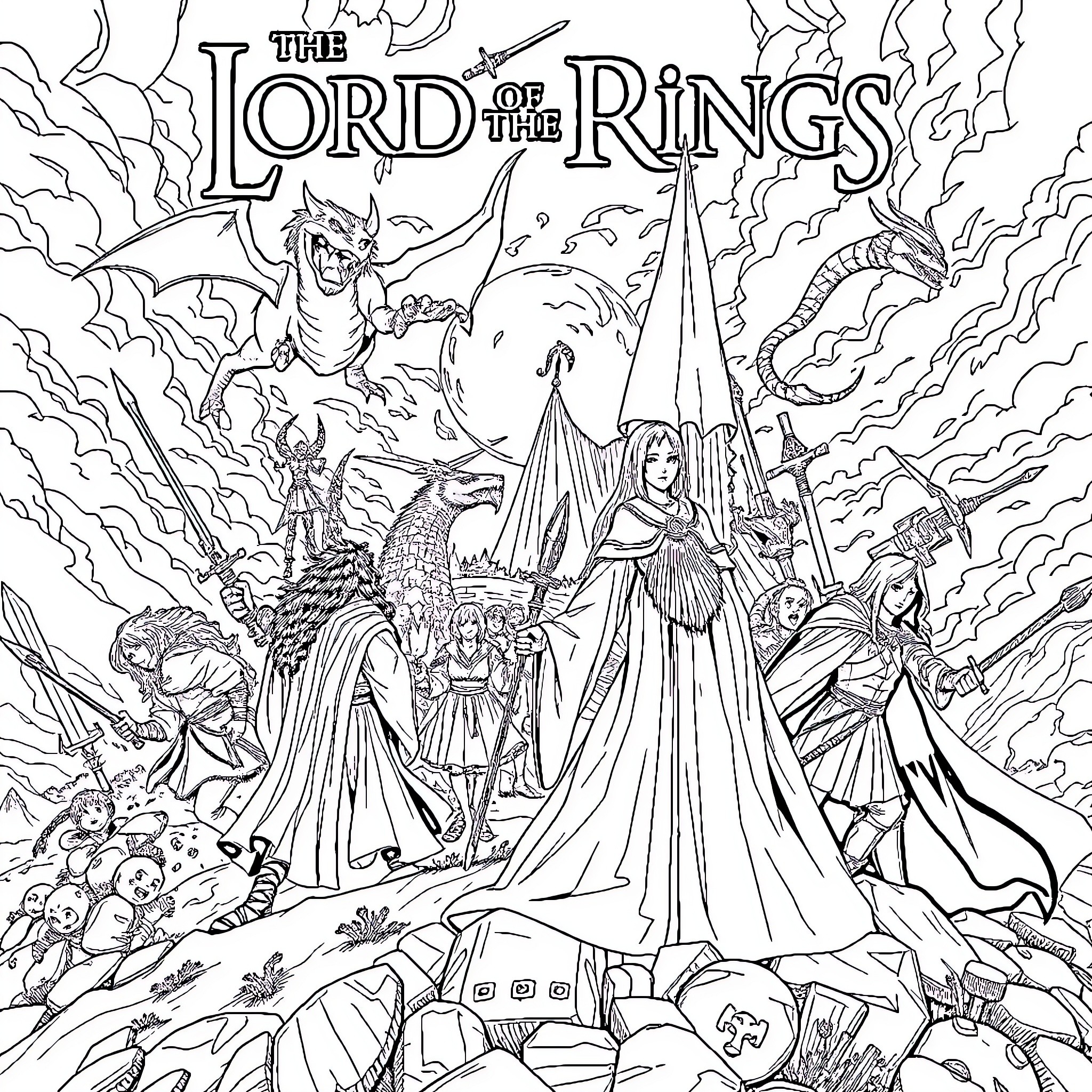 Lord of the Rings: Epic Fantasy Realm Coloring Page (free black-and-white line drawing printable PDF for all, from beginners to advanced learners, including children, teens, adults, and seniors)
