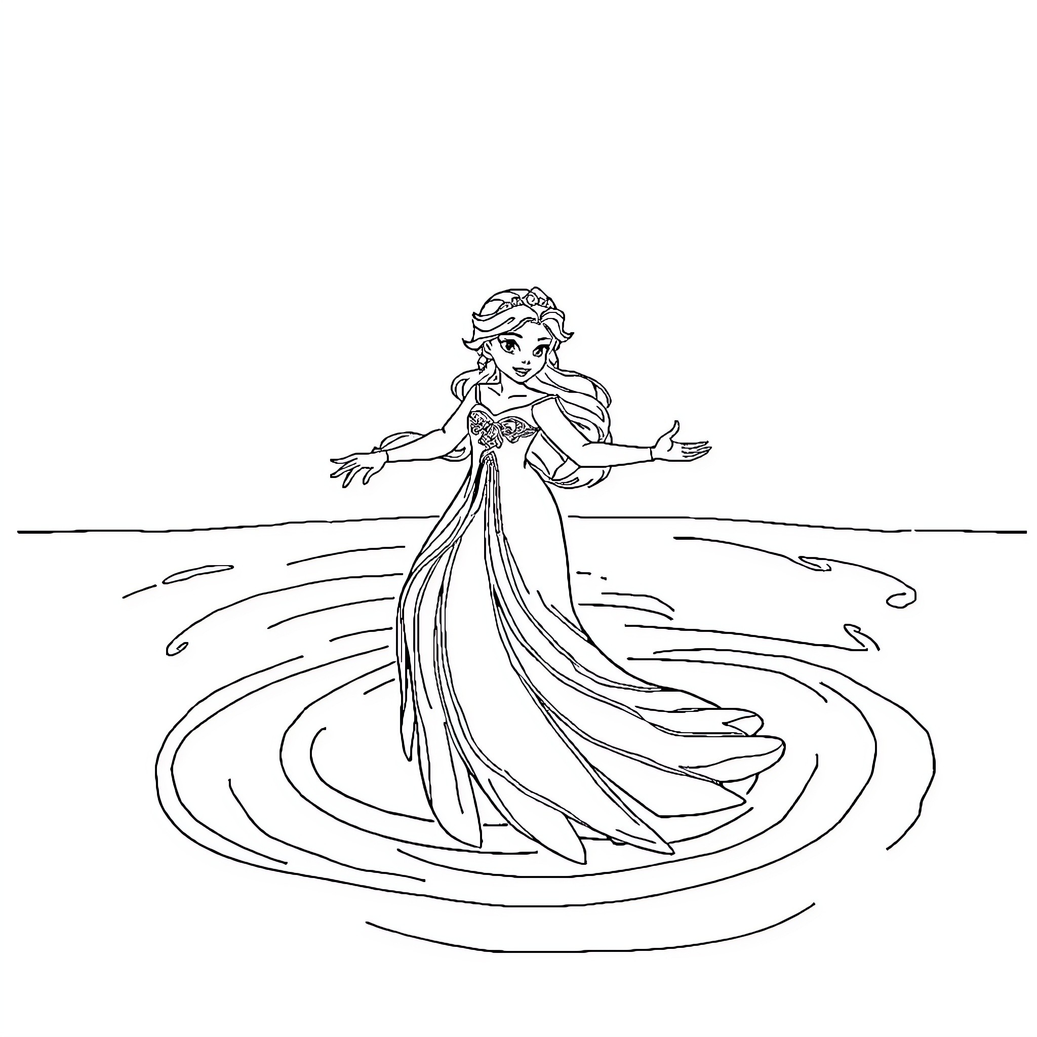 Mermaid dancing on the water Coloring Page (free black-and-white line drawing printable PDF for all, from beginners to advanced learners, including children, teens, adults, and seniors)
