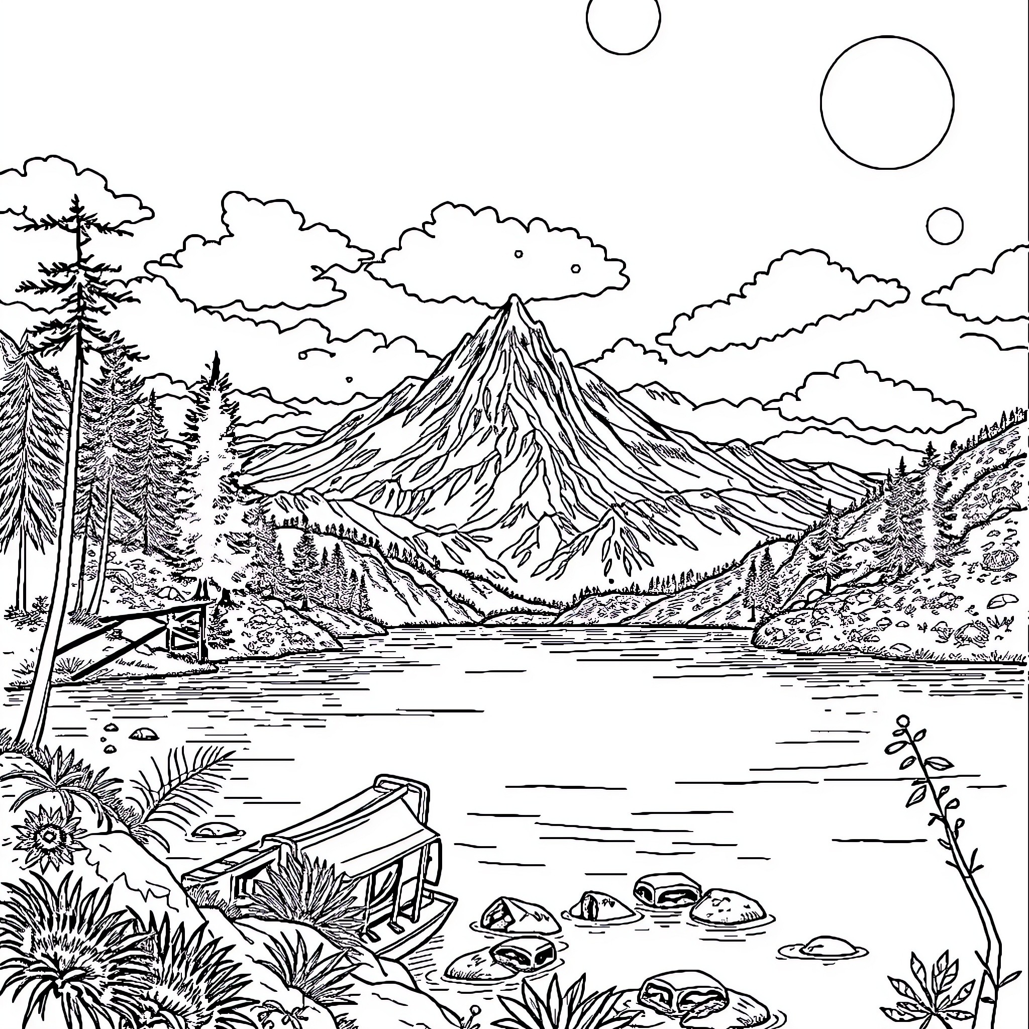 Mountain and Lake with Tranquil Scenery Coloring Page (free black-and-white line drawing printable PDF for all, from beginners to advanced learners, including children, teens, adults, and seniors)