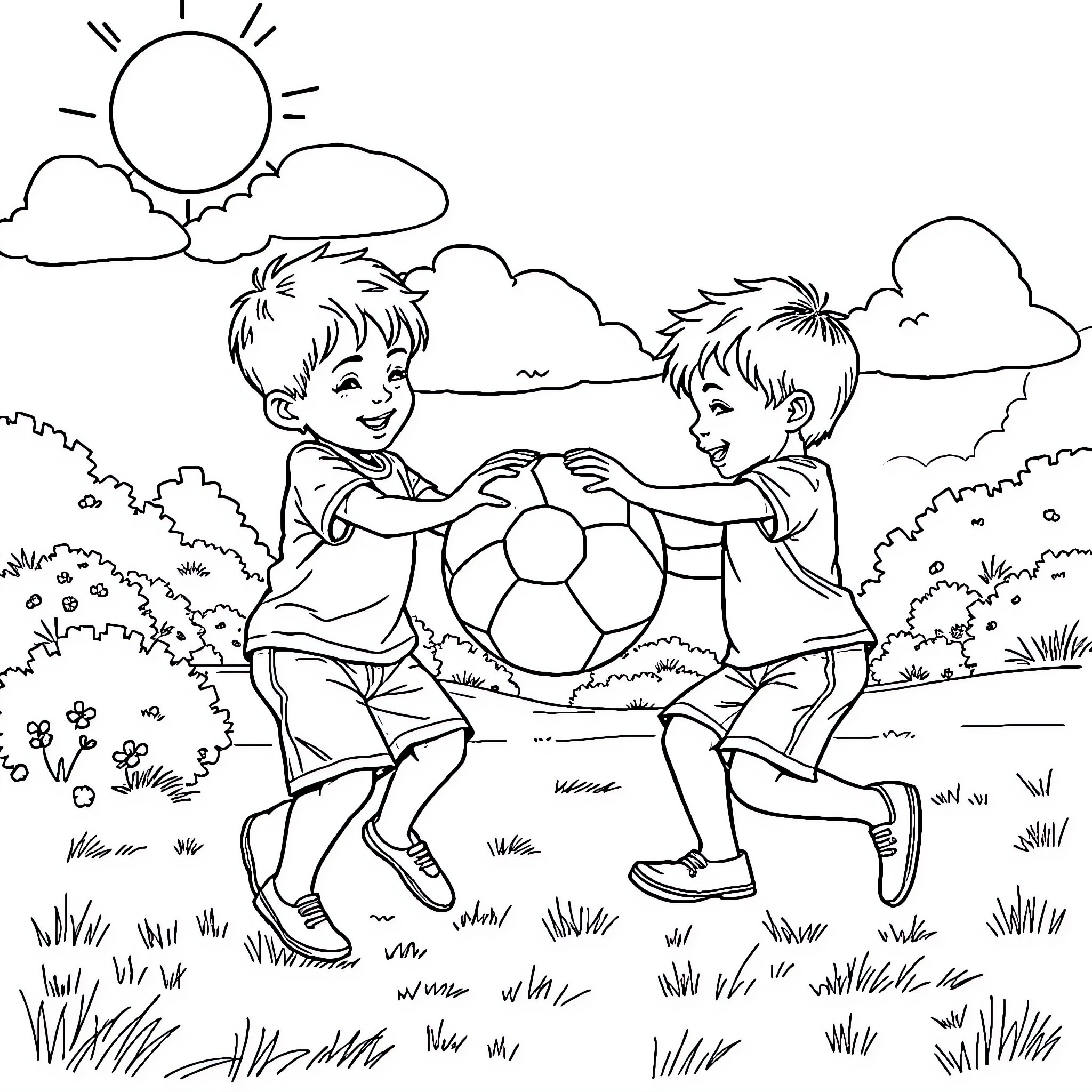 Boys playing happily with soccer ball in the park Coloring Page (free black-and-white line drawing printable PDF for all, from beginners to advanced learners, including children, teens, adults, and seniors)
