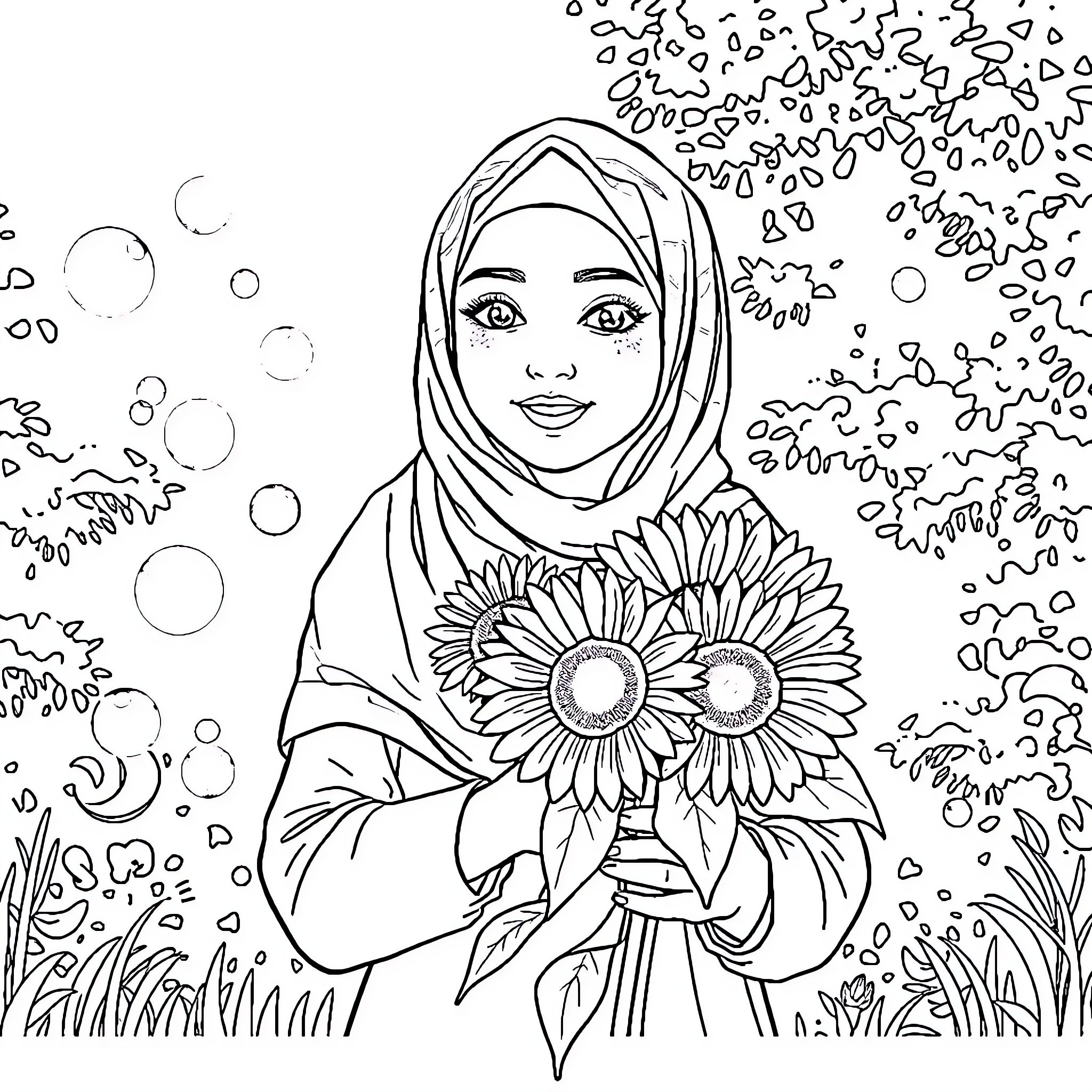 Woman holding sunflowers in a dreamy landscape Coloring Page (free black-and-white line drawing printable PDF for all, from beginners to advanced learners, including children, teens, adults, and seniors)