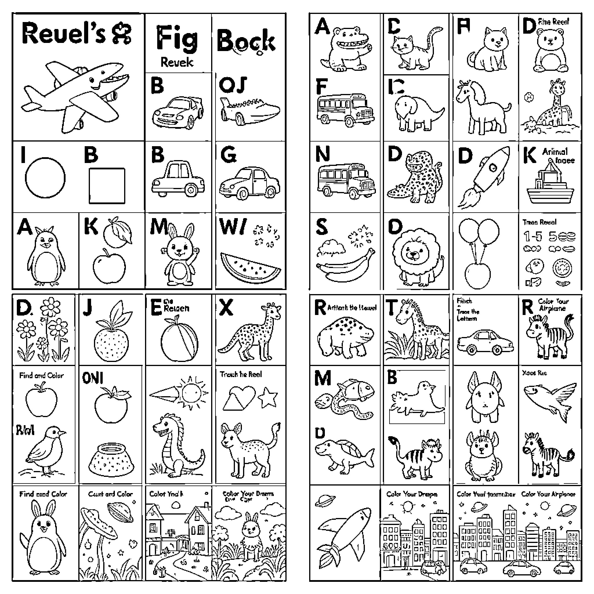 Reuel alphabet learning with various animals and objects Coloring Page (free black-and-white line drawing printable PDF for all, from beginners to advanced learners, including children, teens, adults, and seniors)